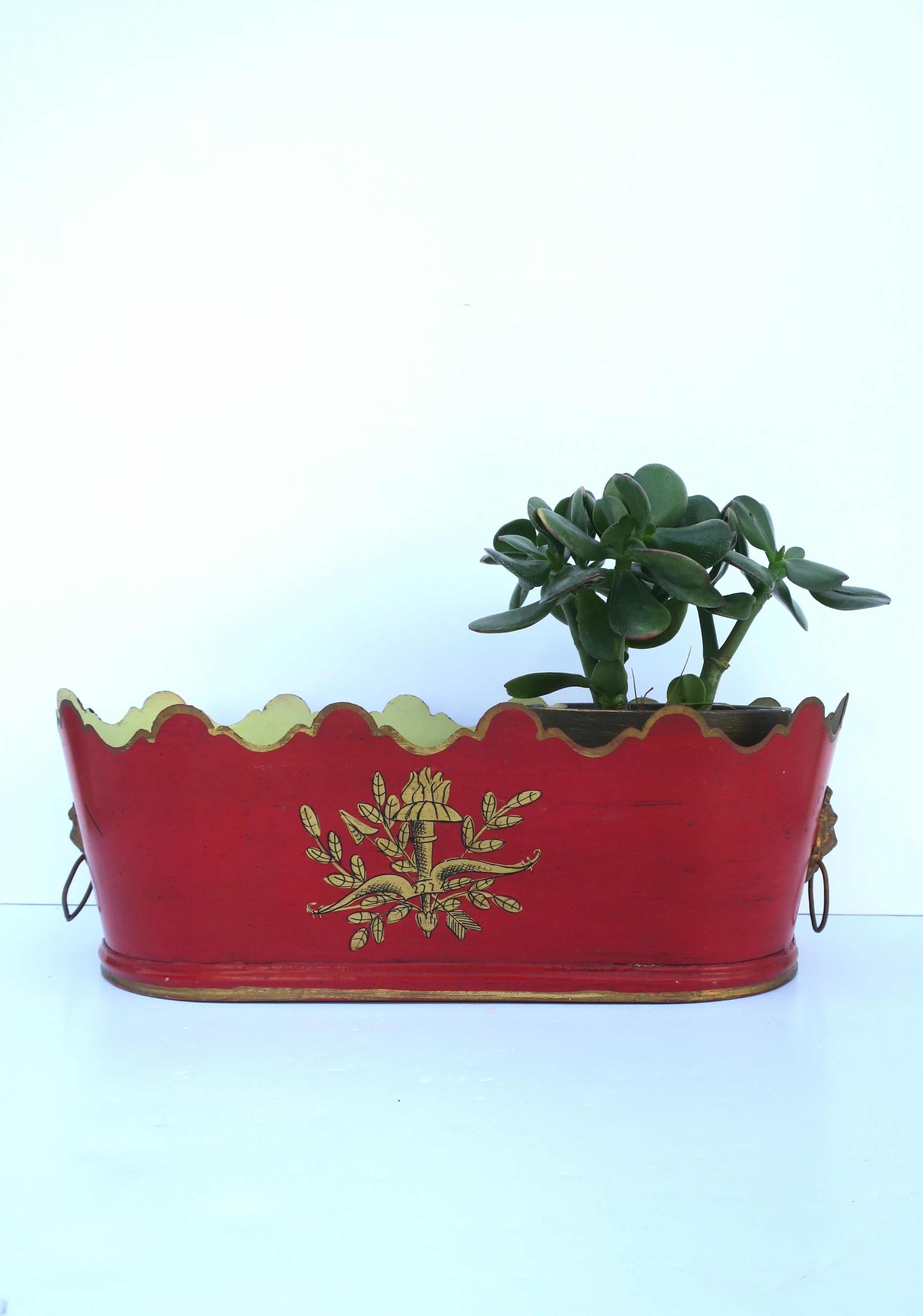 Italian Red and Gold Tole Planter Cachepot Jardiniere with Lion Head Design 3