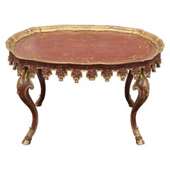 Italian Red and Parcel-Gilt Carved Tassel Tea Height Tray Table Oval