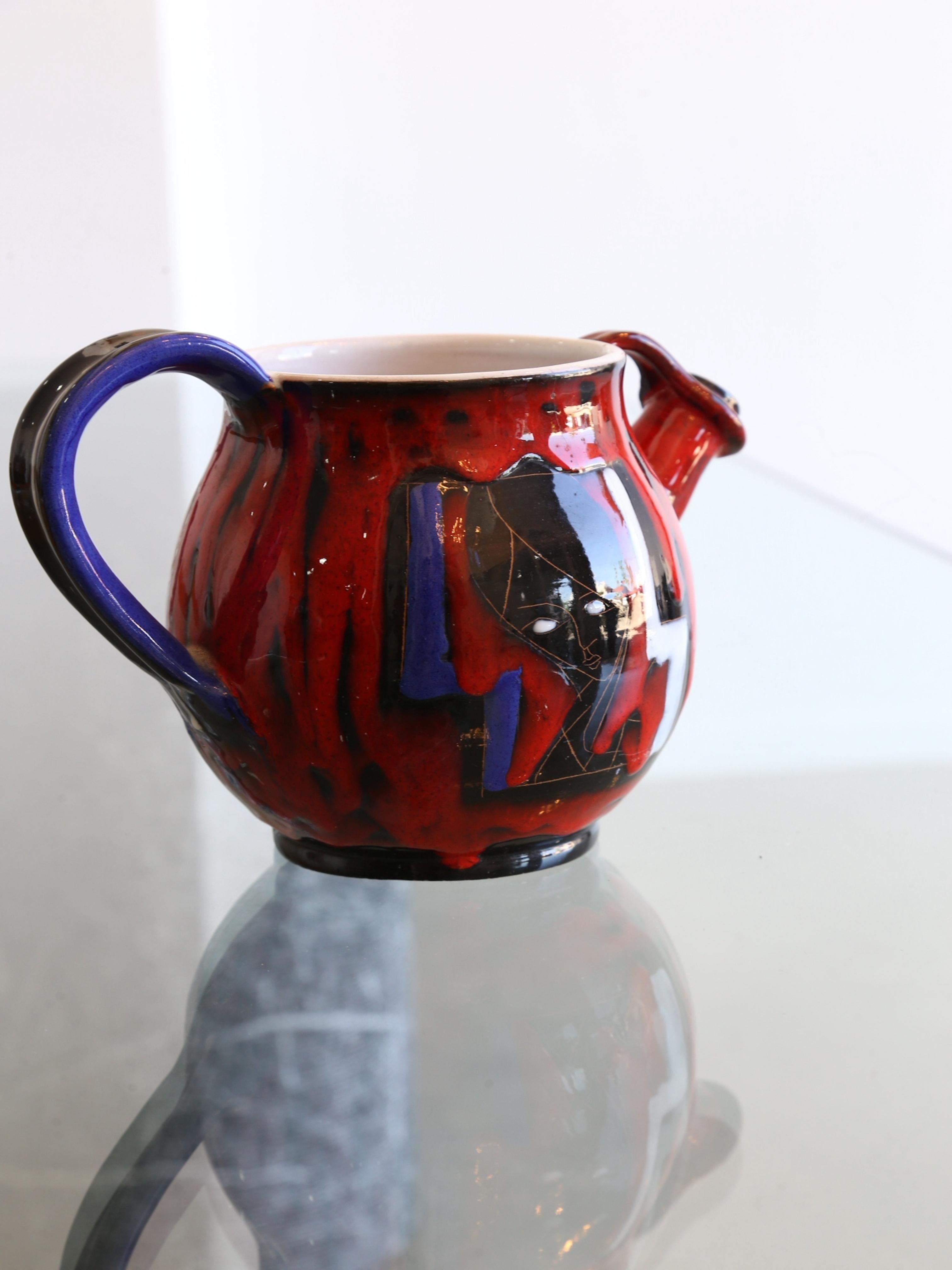 Cerámica redonda italiana roja, azul y blanca de Rufinelli Assisi, años 60 Moderno de mediados de siglo en venta