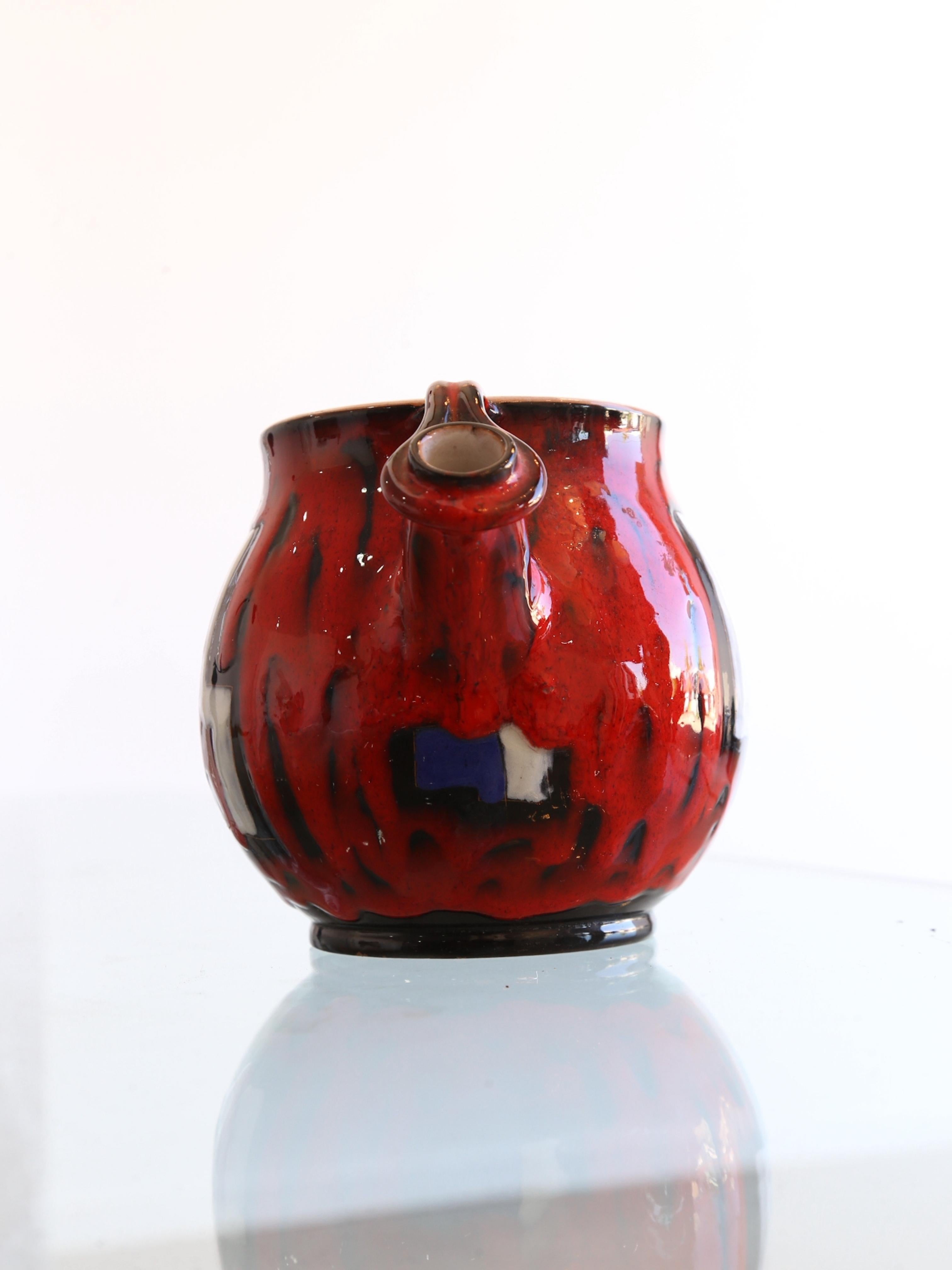 Cerámica redonda italiana roja, azul y blanca de Rufinelli Assisi, años 60 Hecho a mano en venta