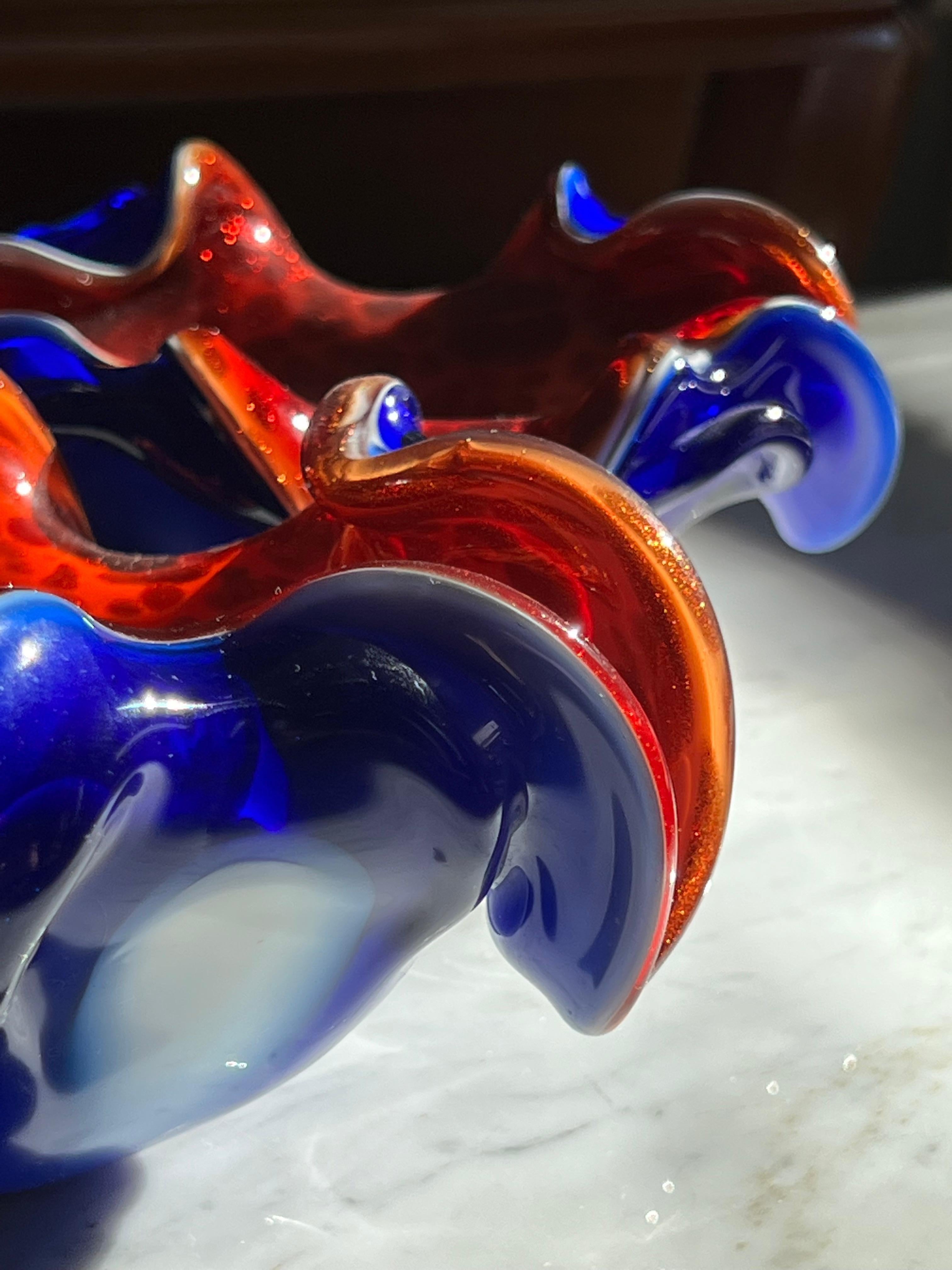 Art Deco Italian Red & Blue Murano Glass Bowls, Italy, 1950s For Sale