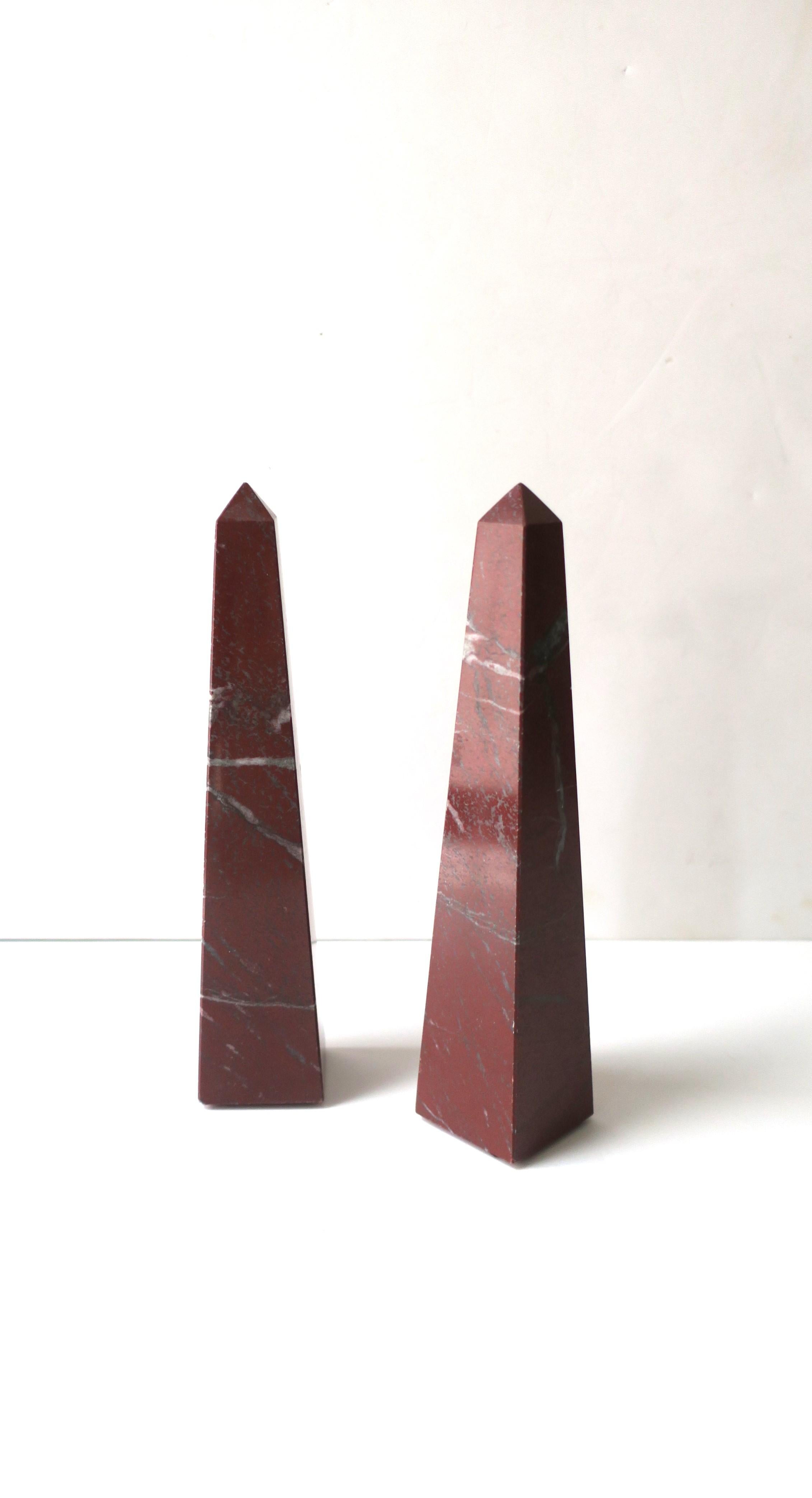 Polished Italian Red Burgundy Marble Obelisks, Pair For Sale