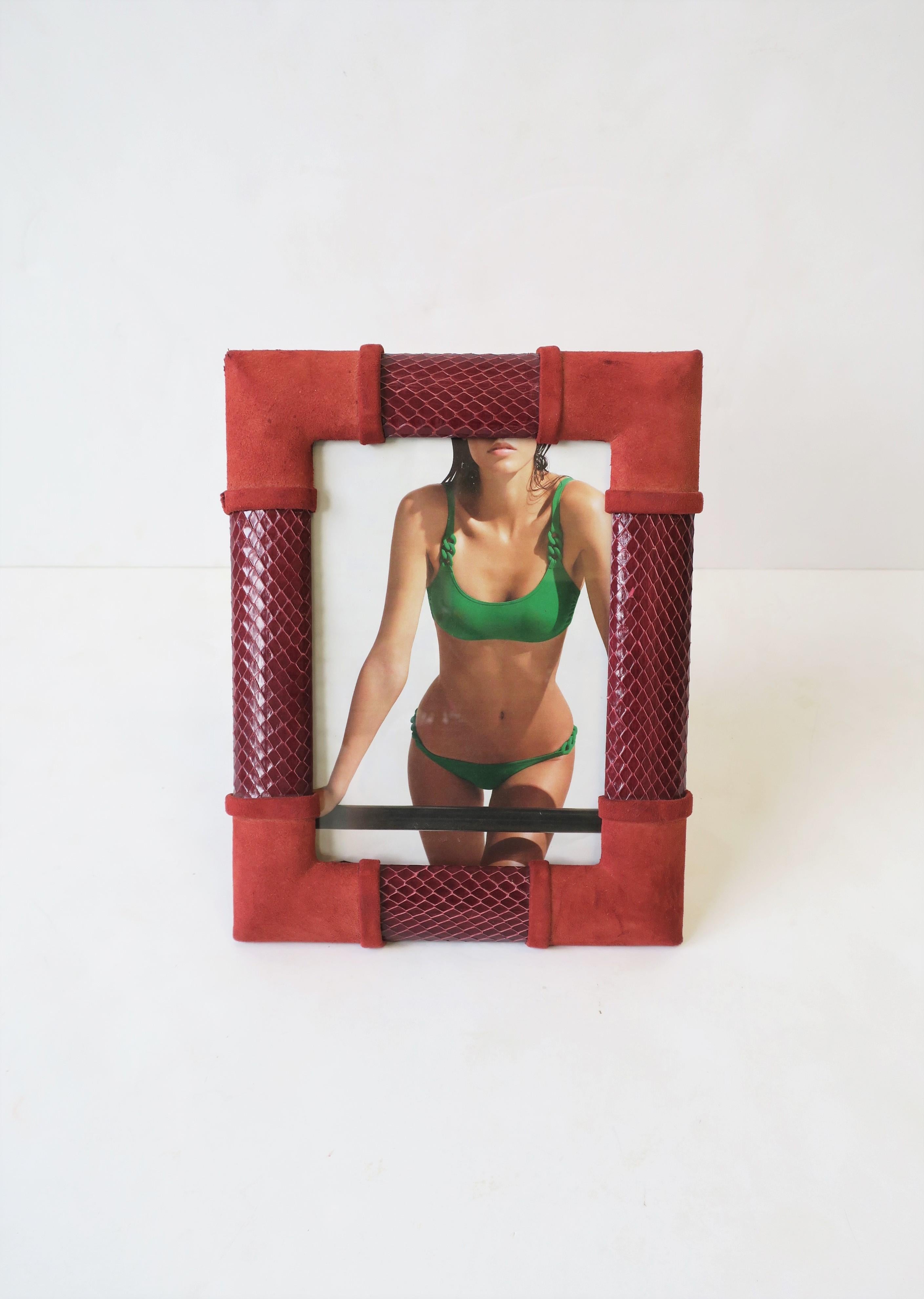 Late 20th Century Italian Red Burgundy Suede and Snakeskin Picture Frame, circa 1970s For Sale