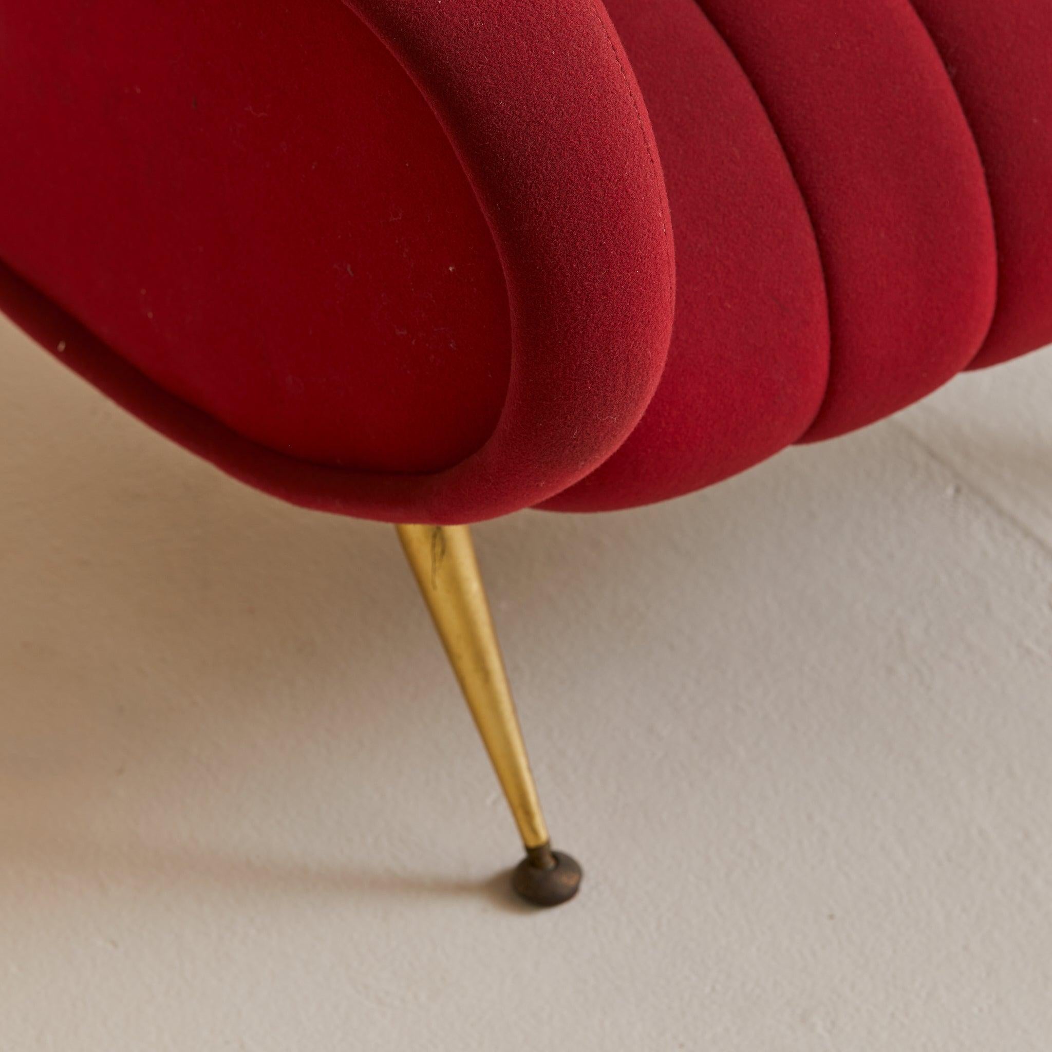 Italian Red Channeled Armchair with Brass Legs, 1950s - 4 Available en vente 3