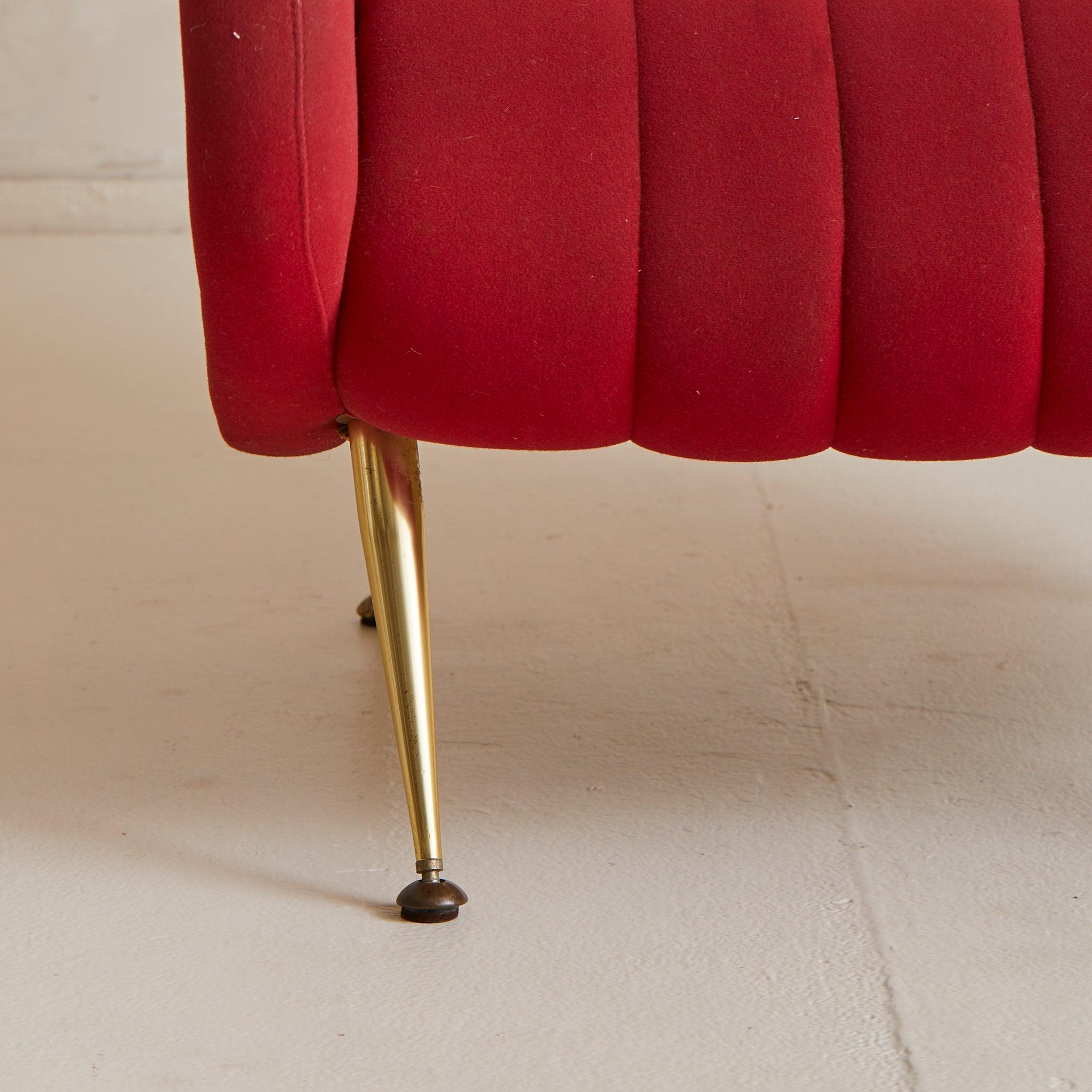 Italian Red Channeled Armchair with Brass Legs, 1950s - 4 Available en vente 4