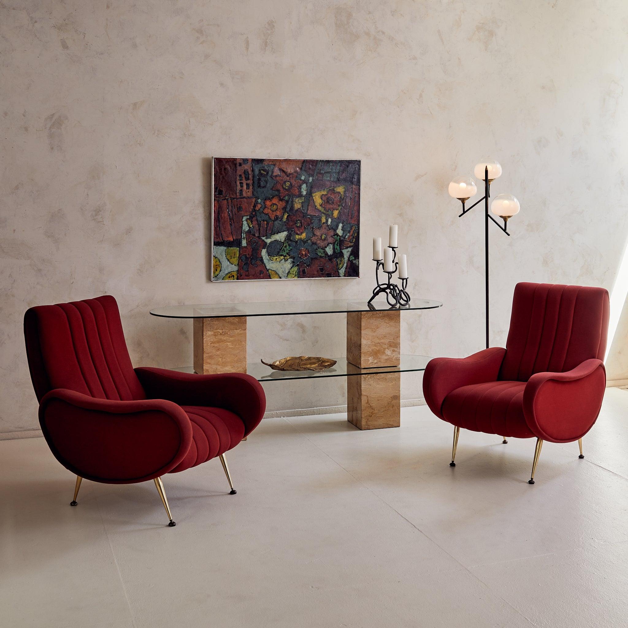 Mid-Century Modern Italian Red Channeled Armchair with Brass Legs, 1950s - 4 Available en vente