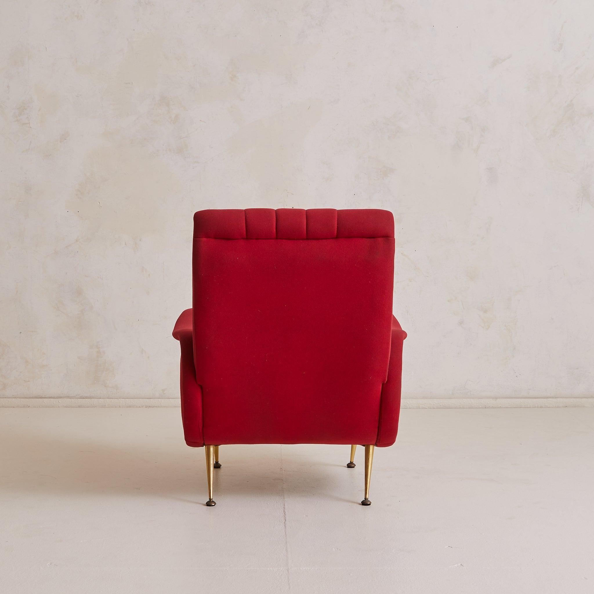Italian Red Channeled Armchair with Brass Legs, 1950s - 4 Available Bon état - En vente à Chicago, IL