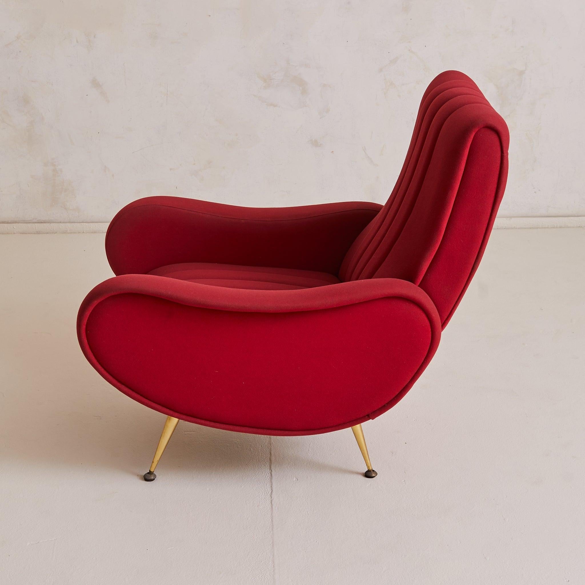Laiton Italian Red Channeled Armchair with Brass Legs, 1950s - 4 Available en vente