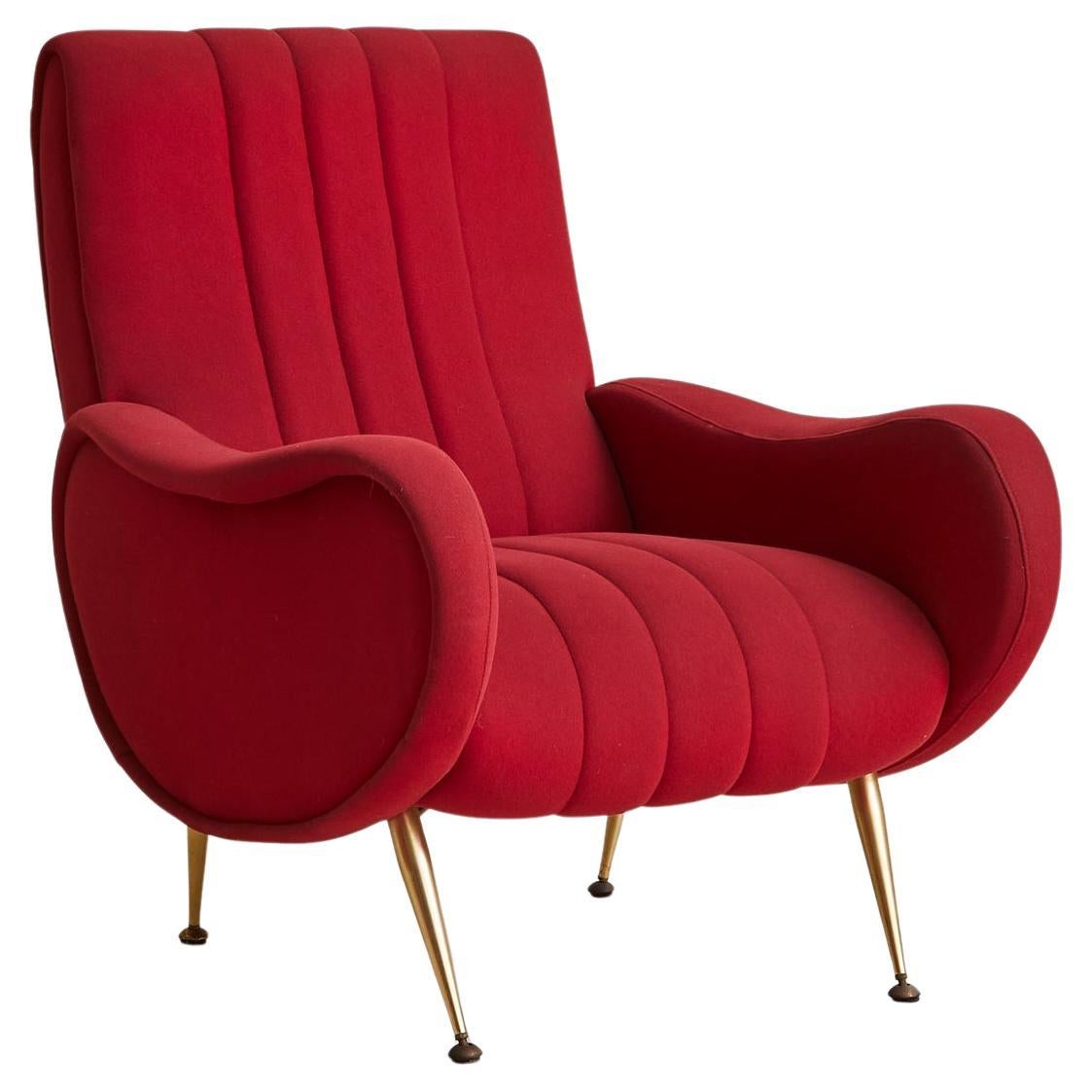 Italian Red Channeled Armchair with Brass Legs, 1950s - 4 Available