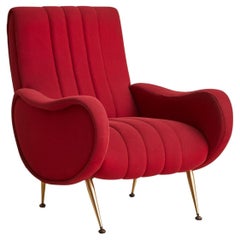 Italian Red Channeled Armchair with Brass Legs, 1950s - 4 Available