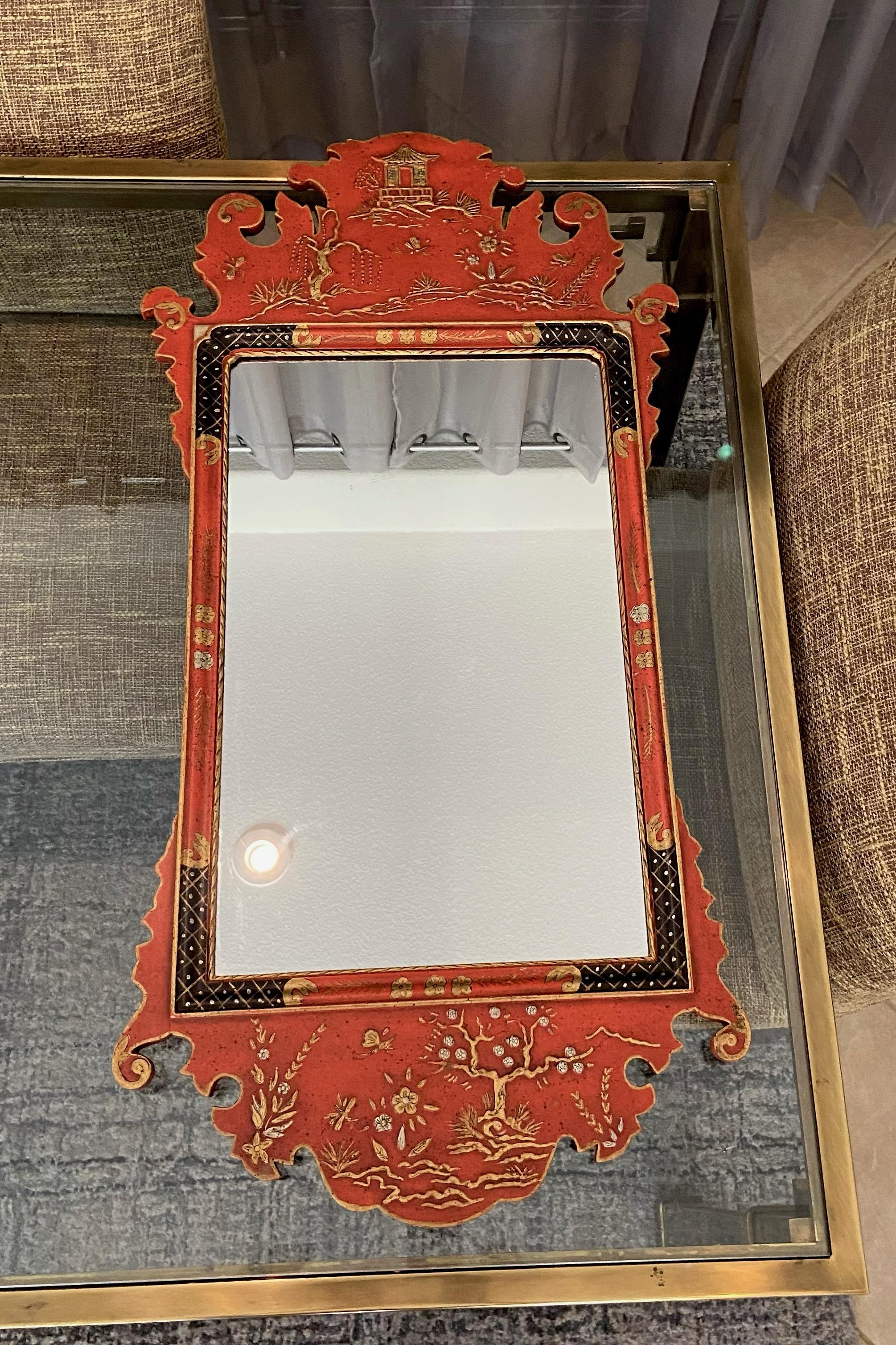 Painted Italian Red Chinese Chippendale Wall Mirror by Palladio