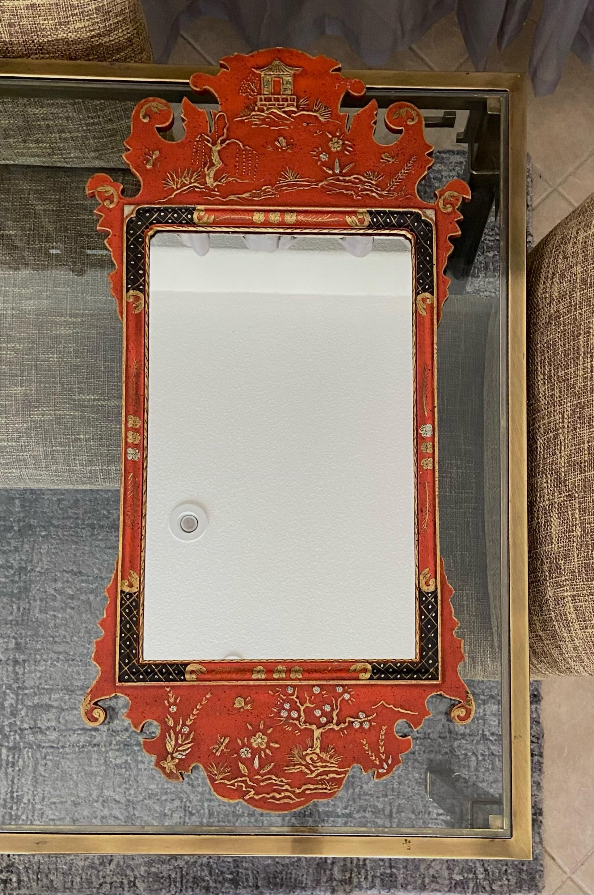 Wood Italian Red Chinese Chippendale Wall Mirror by Palladio