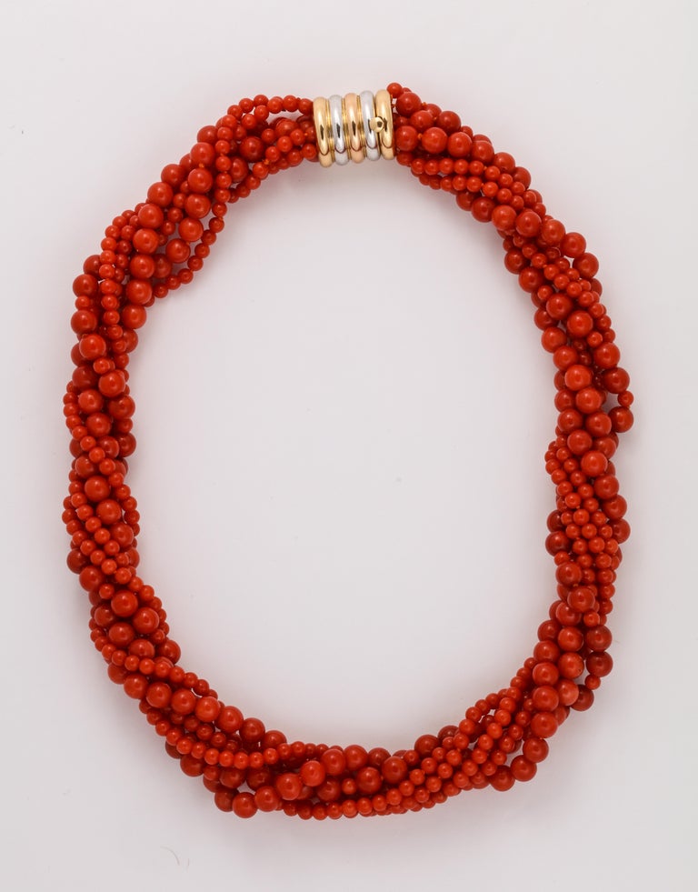 Italian Red Coral 7-Strand Necklace with 18k White, Yellow and Rose ...