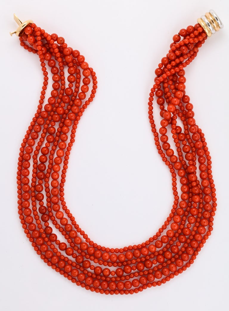 Italian Red Coral 7-Strand Necklace with 18k White, Yellow and Rose ...