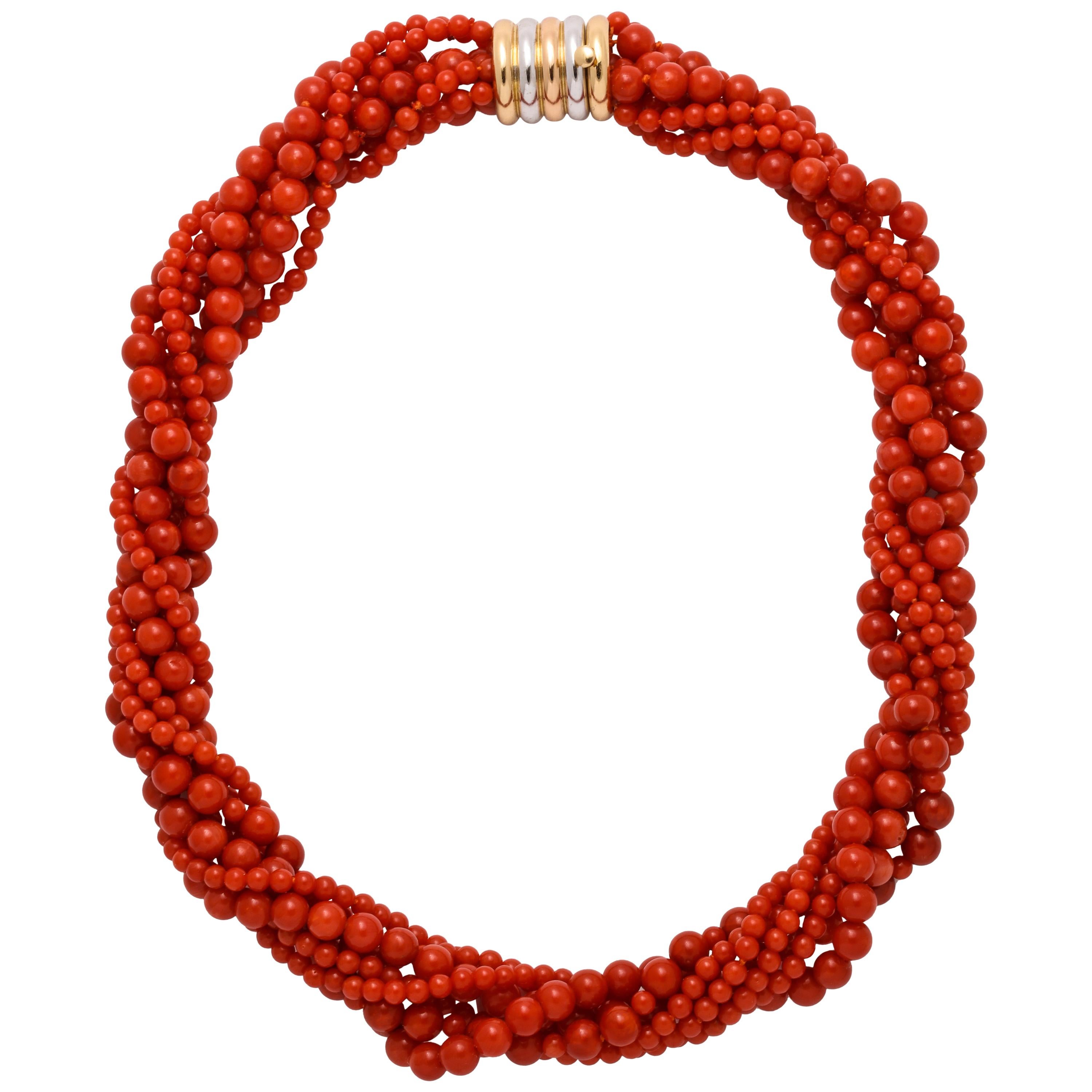 Italian Red Coral 7-Strand Necklace with 18k White, Yellow and Rose Gold Clasp For Sale