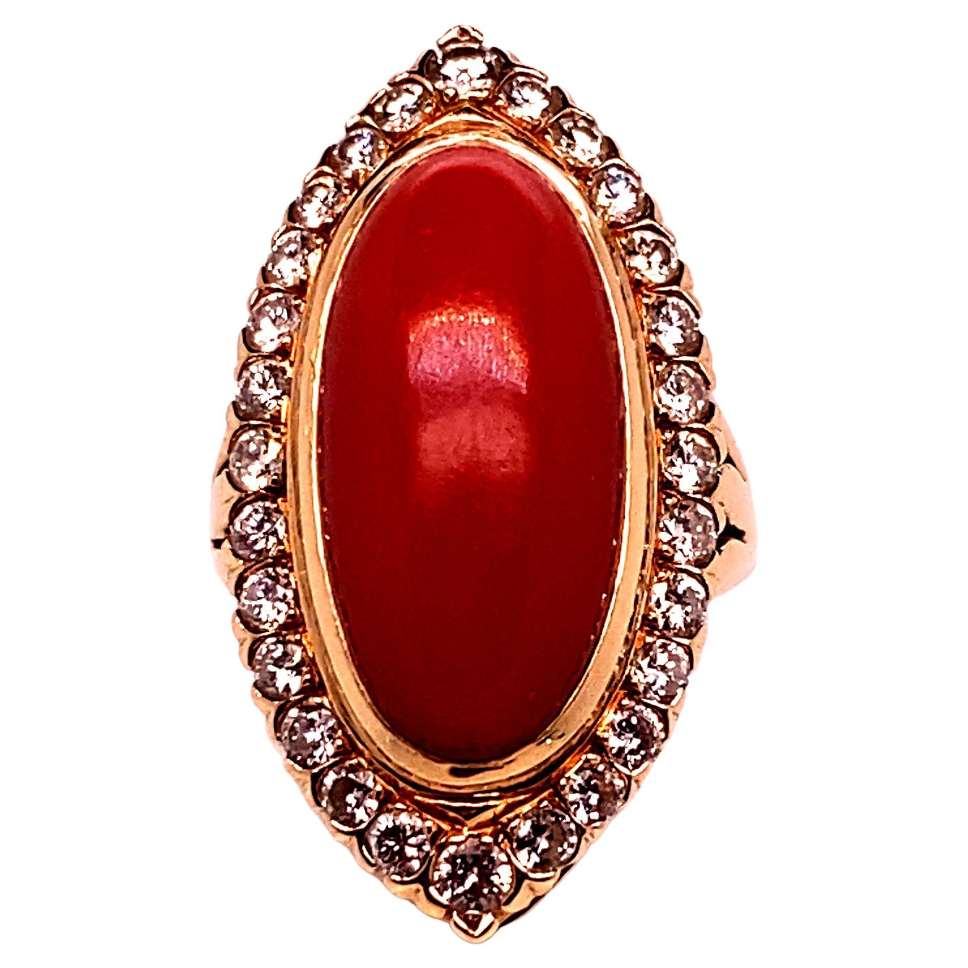 Italian Red Coral Vintage Cabochon Ring with Diamonds