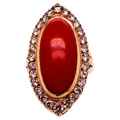 Italian Red Coral Vintage Cabochon Ring with Diamonds