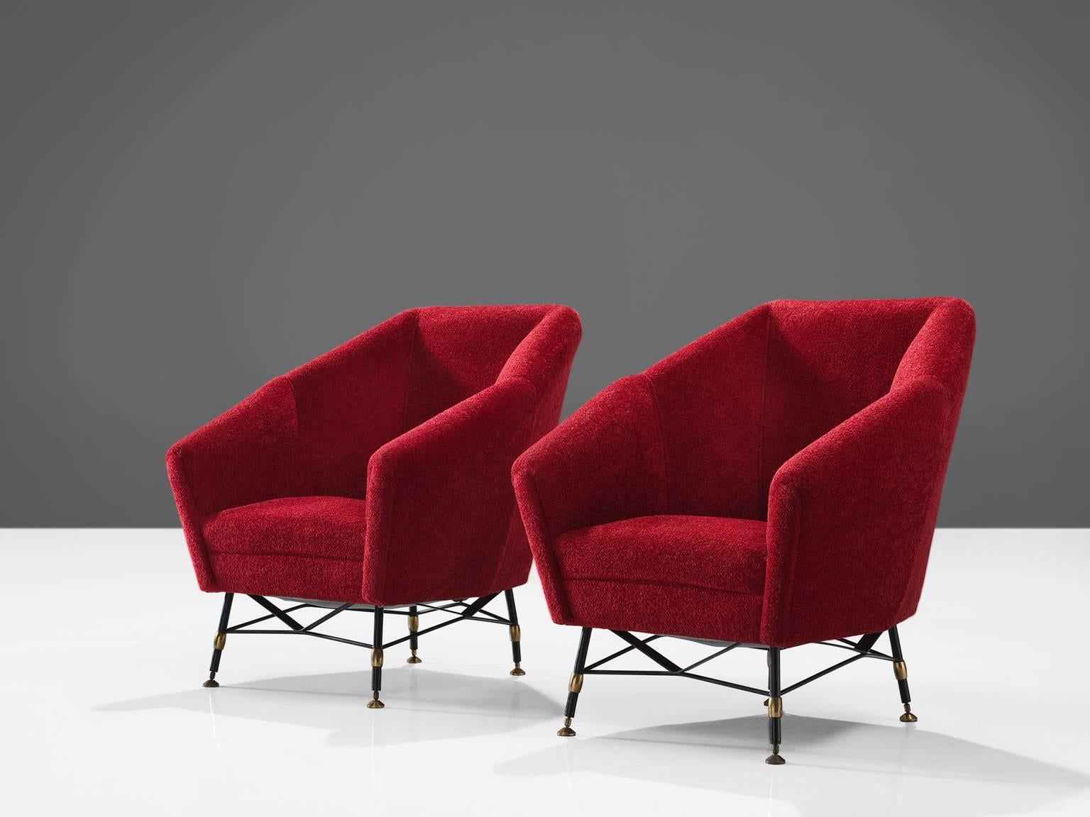 Lounge chairs, red fabric and metal, Italy, 1950s.

This is a straight set of lounge chairs upholstered with a bright red fabric. Designed and made in Italy in the style of Augusto Bozzi. Elegant organic shaped easy chair in red upholstery, made