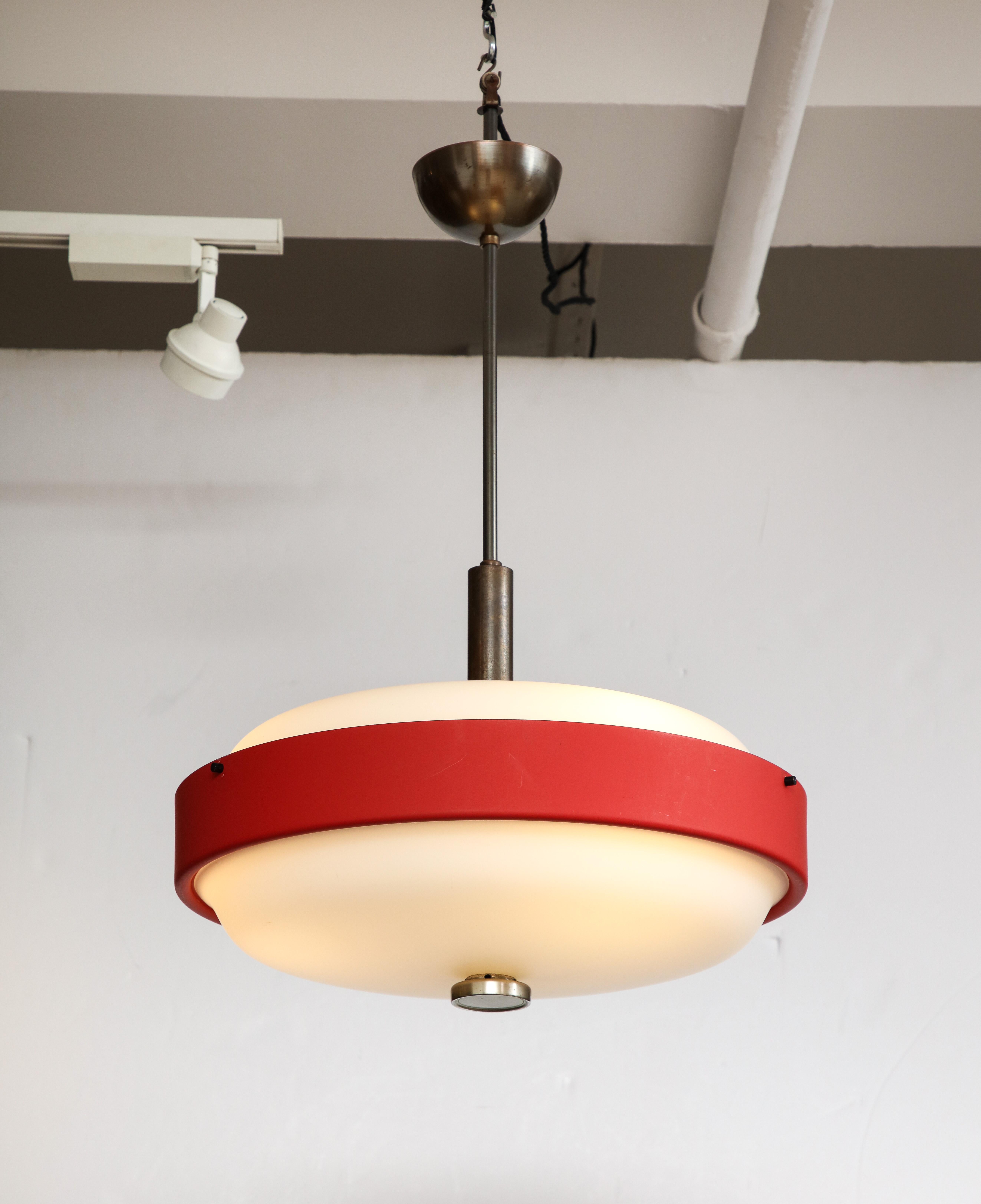 Italian Red Enamel & Brushed Steel Opaline Glass Chandelier, Lumi, Italy, 1960 In Good Condition For Sale In Brooklyn, NY