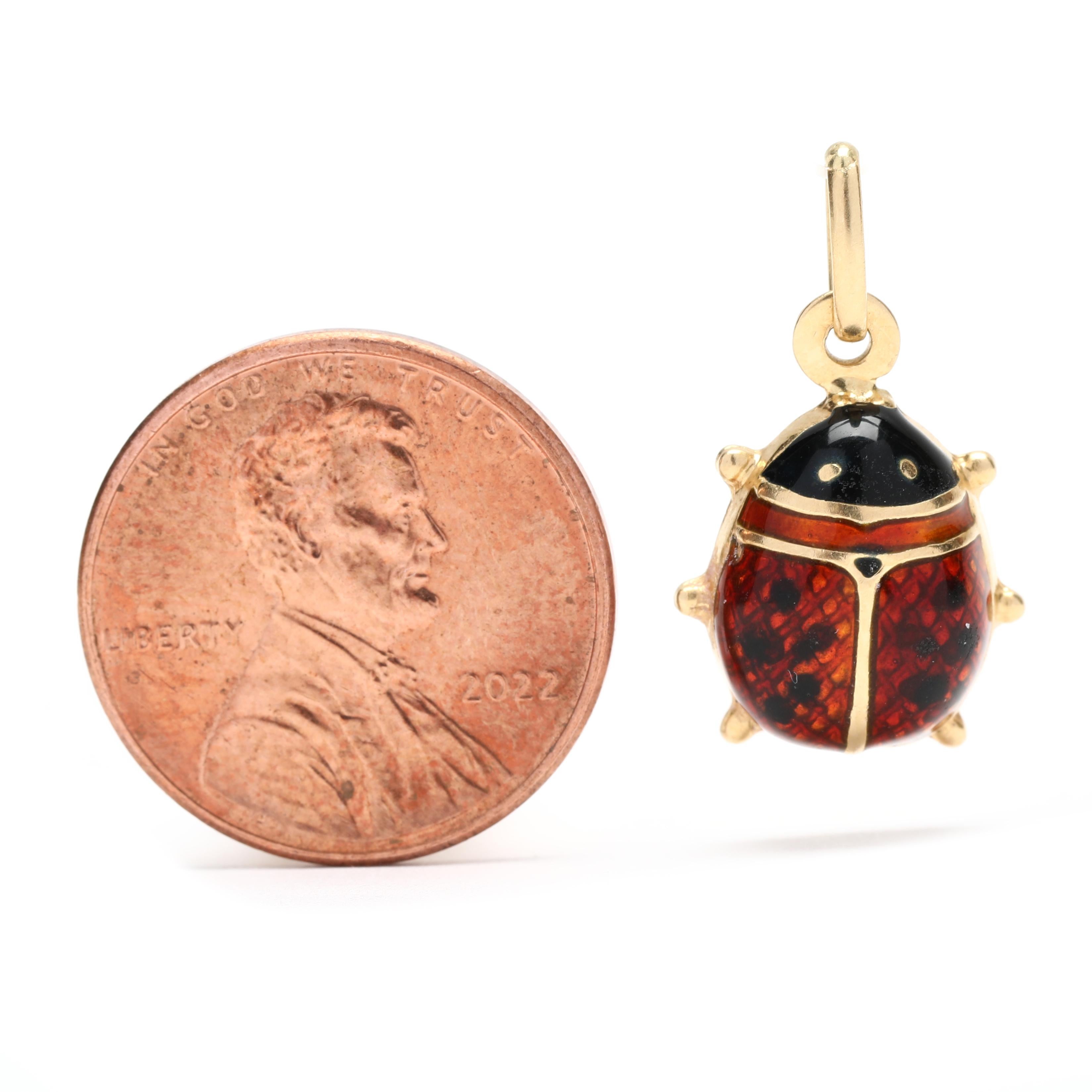 This gorgeous little Italian Red Enamel Ladybug Charm is crafted from 18K Yellow Gold. It measures 3/4 inch long and is the perfect size for any charm bracelet or necklace. The beautiful red enamel and intricate detailing make this small gold