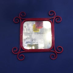 Italian Red Enameled Rattan Mirror, by Franco Albini and Franca Helg, 1960s