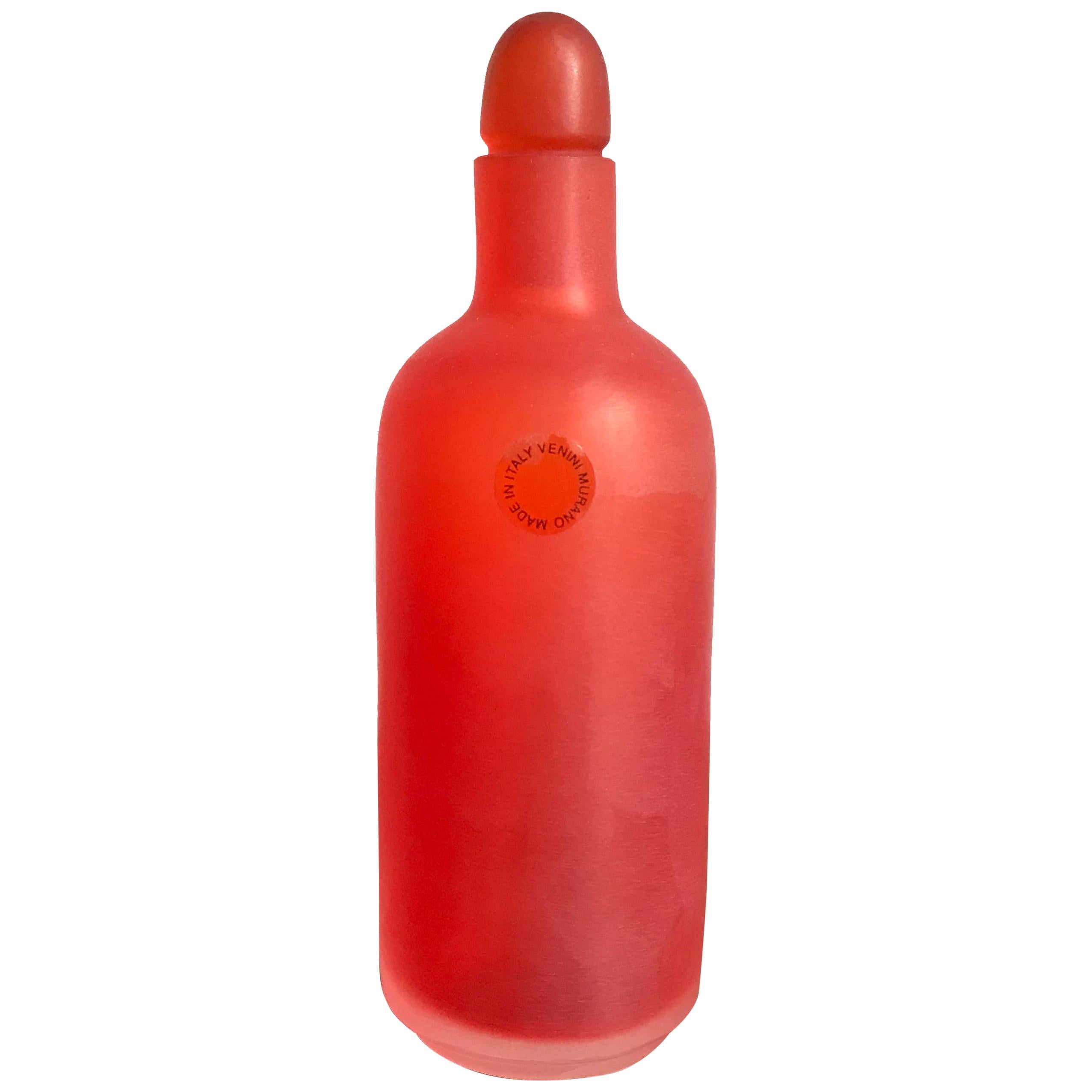 Italian Red Glass Bottle by Venini Murano Serie “Velati”, 1996