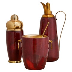 Set à cocktail italien en parchemin de peau de chèvre rouge par Aldo Tura pour Macabo, années 1960