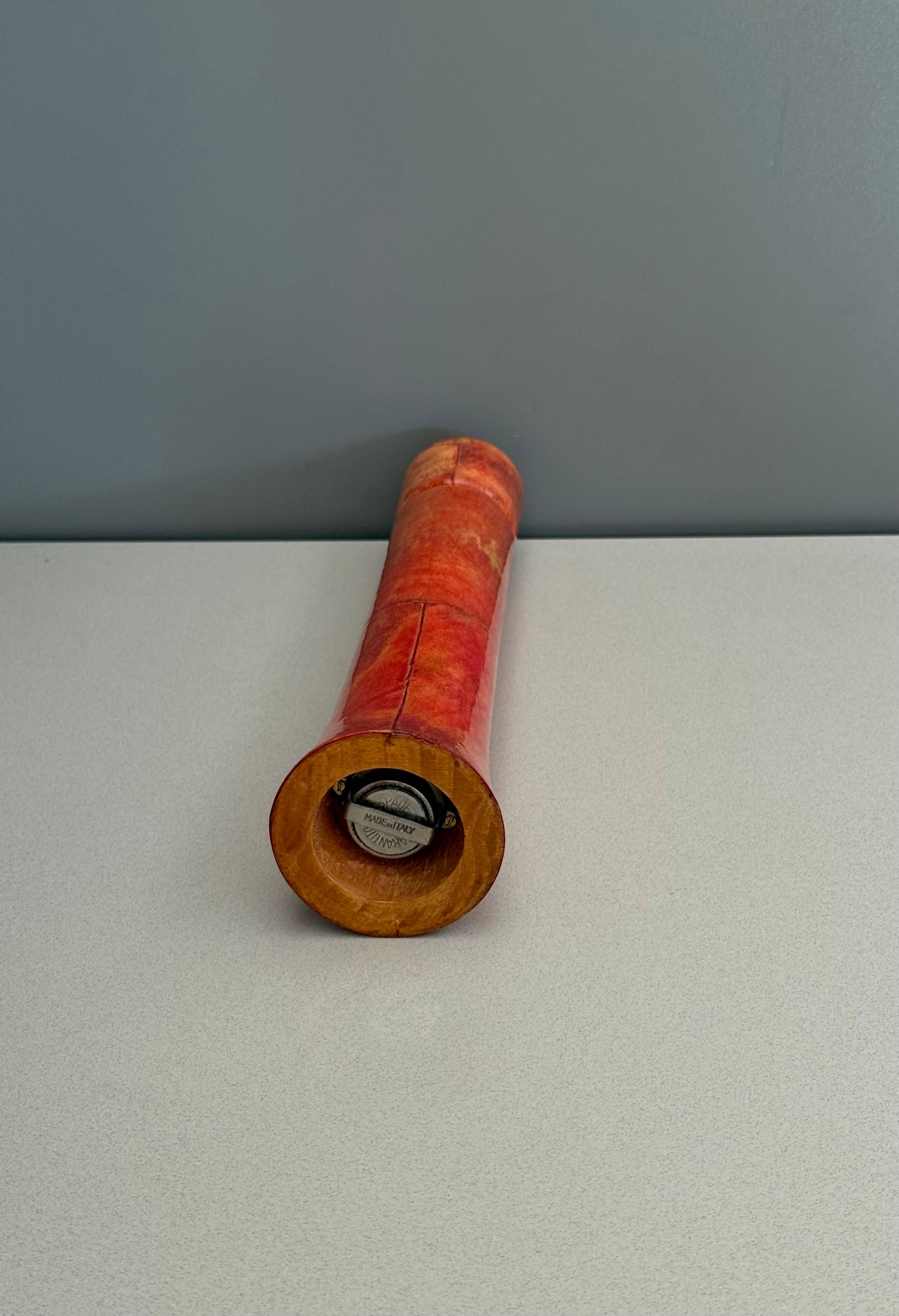 Hand-Crafted Italian Red Goatskin Parchment Pepper Mill by Aldo Tura For Sale