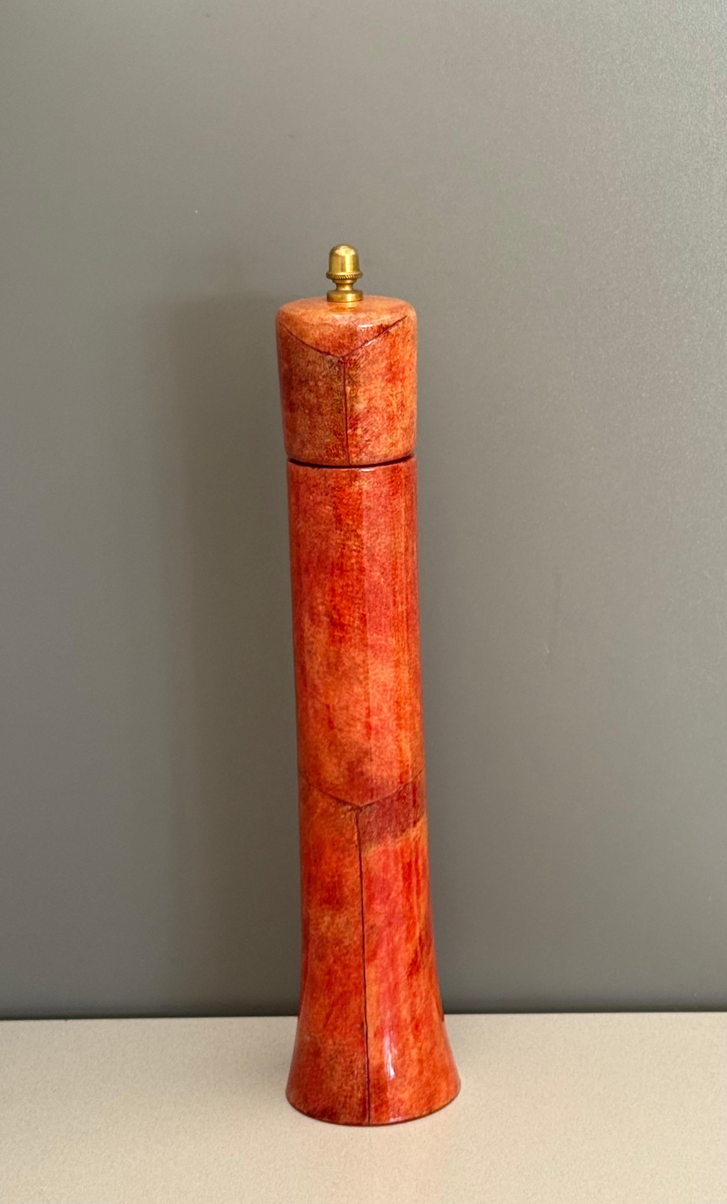 Brass Italian Red Goatskin Parchment Pepper Mill by Aldo Tura For Sale