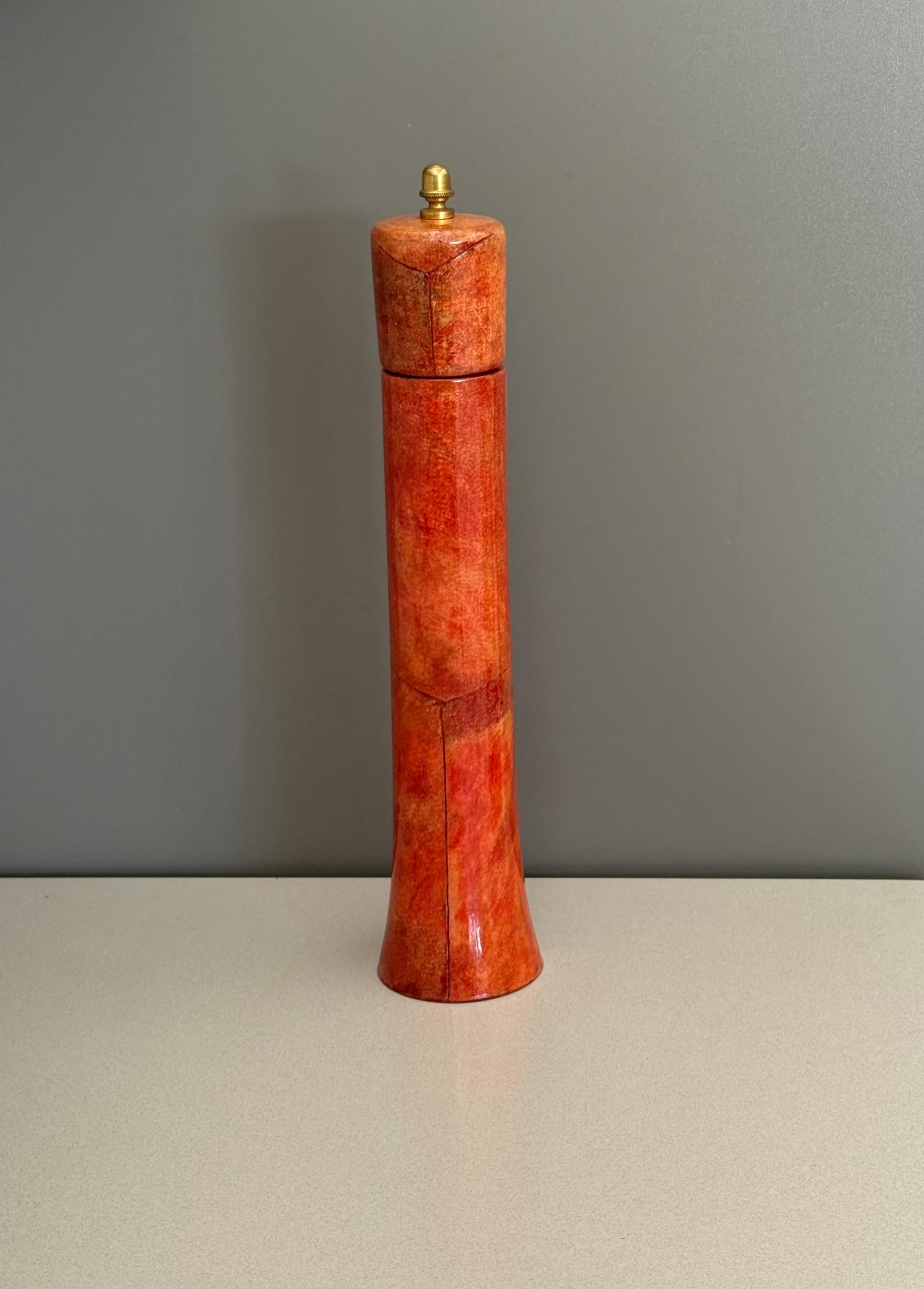 Italian Red Goatskin Parchment Pepper Mill by Aldo Tura For Sale 1