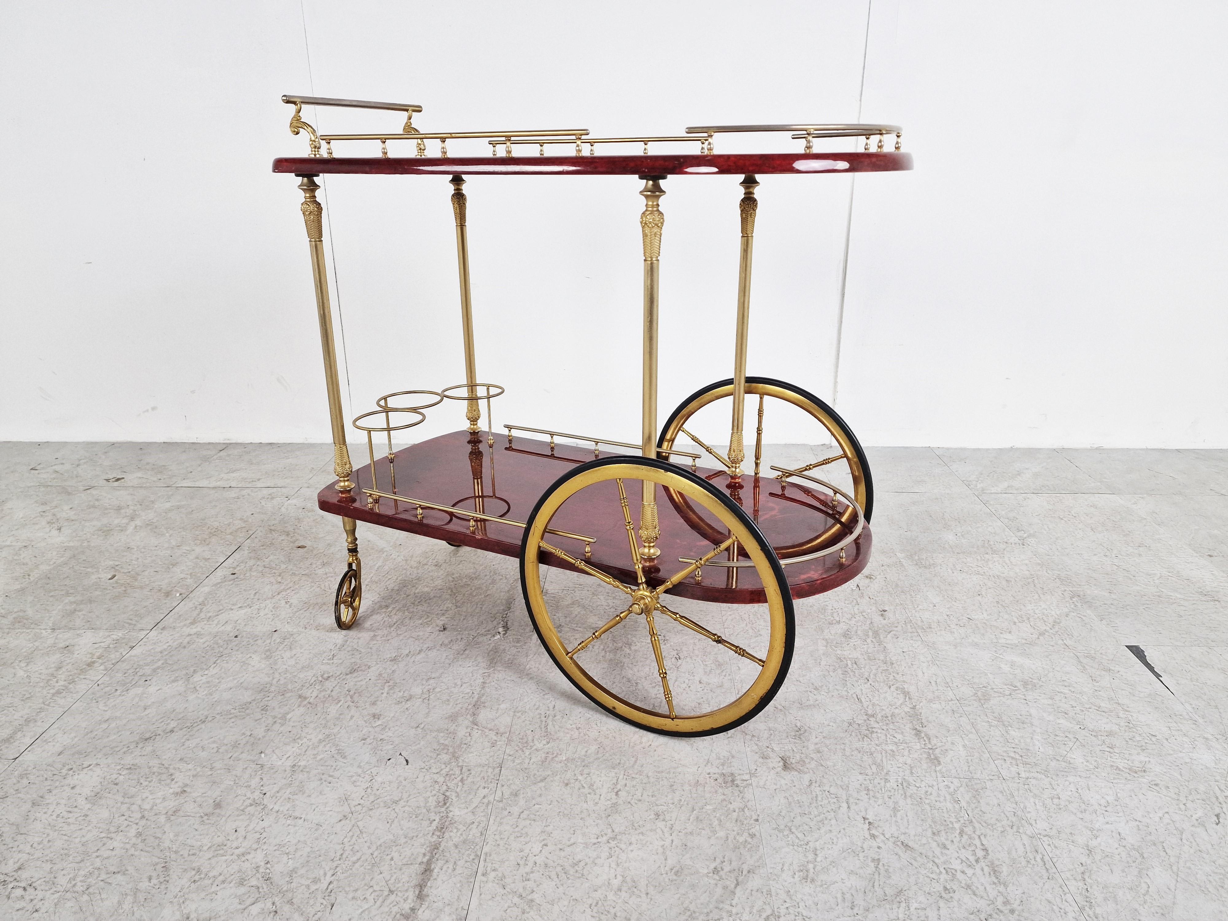 Italian Red Lacquered Goatskin / Parchment Serving Bar Cart by Aldo Tura, 1960s 4