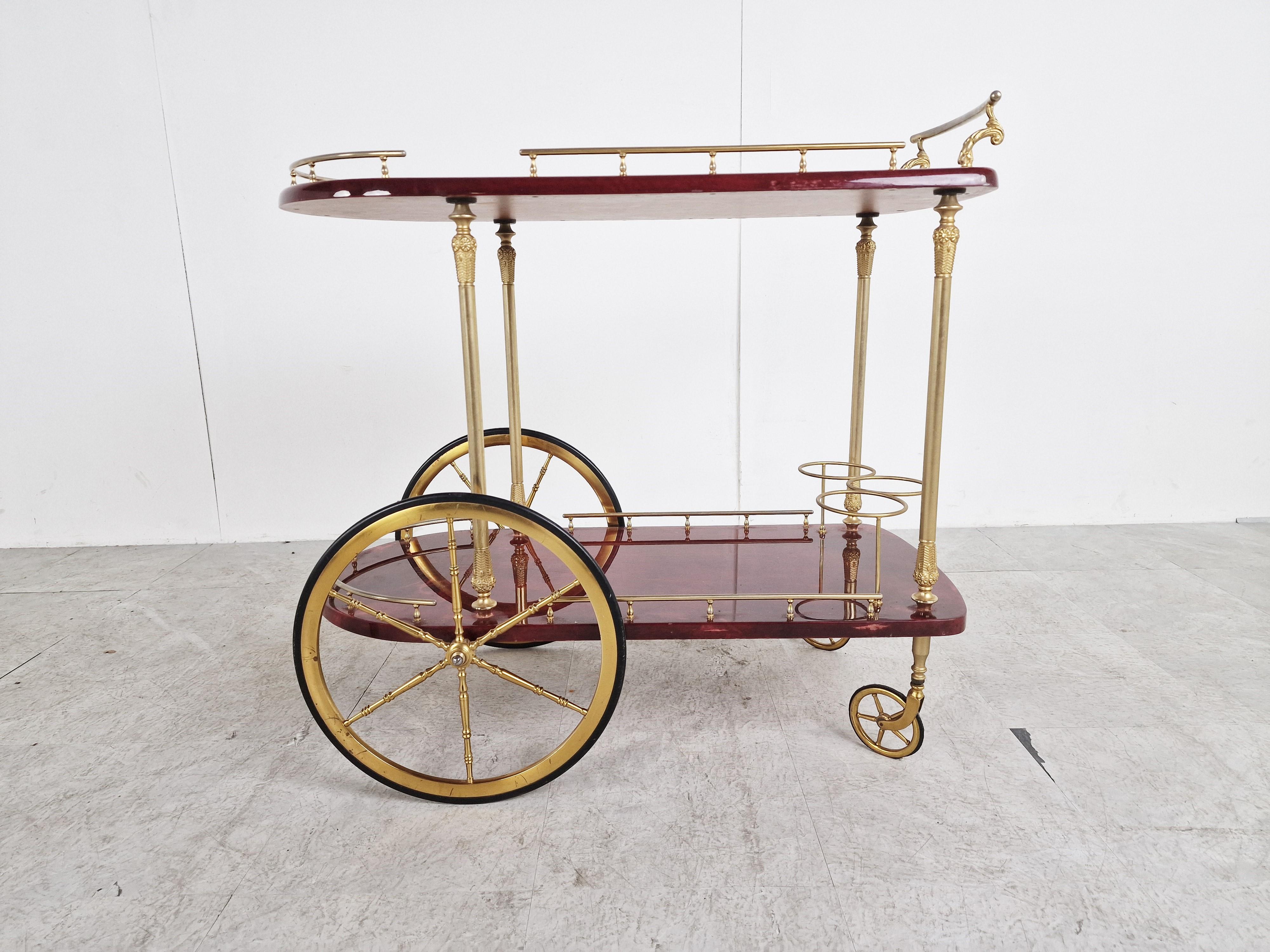 Neoclassical Italian Red Lacquered Goatskin / Parchment Serving Bar Cart by Aldo Tura, 1960s