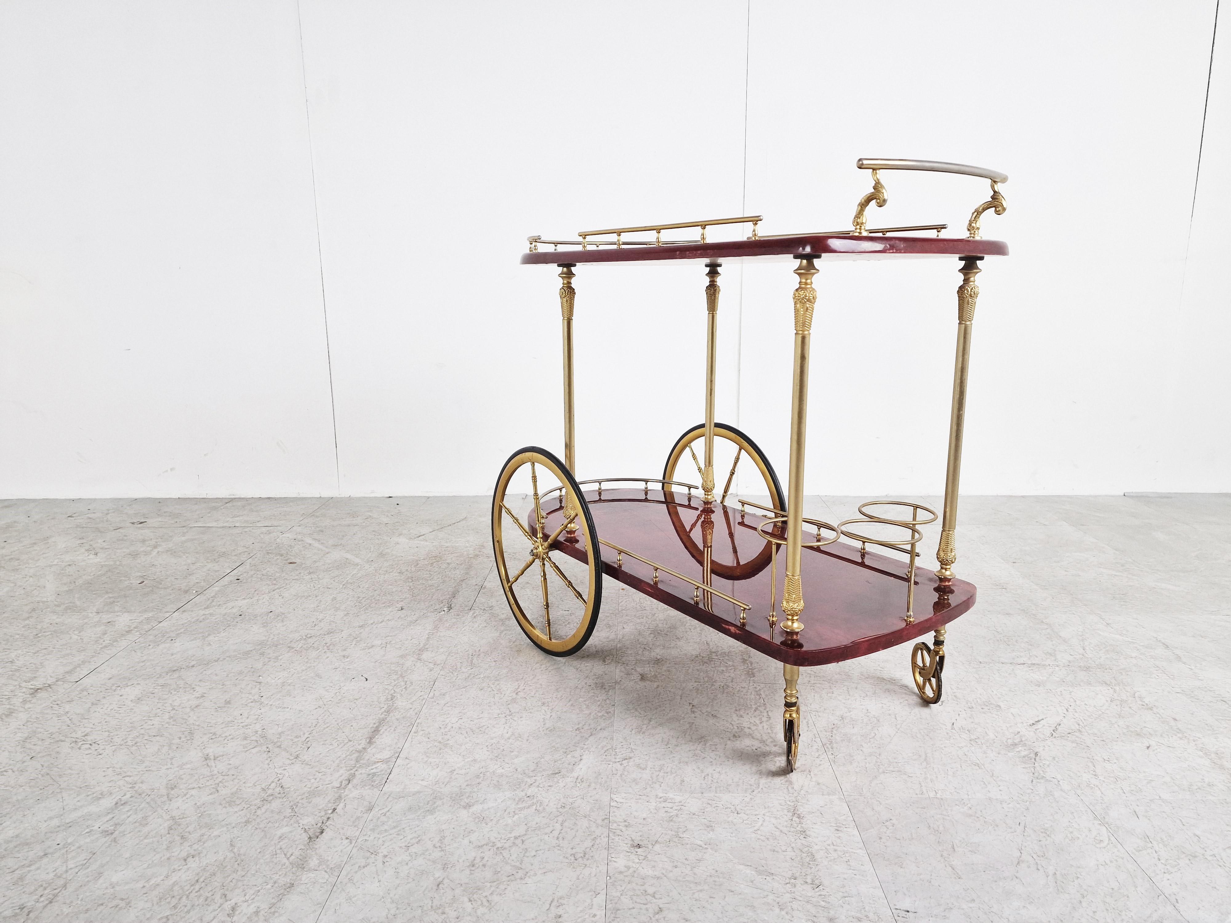 Mid-20th Century Italian Red Lacquered Goatskin / Parchment Serving Bar Cart by Aldo Tura, 1960s