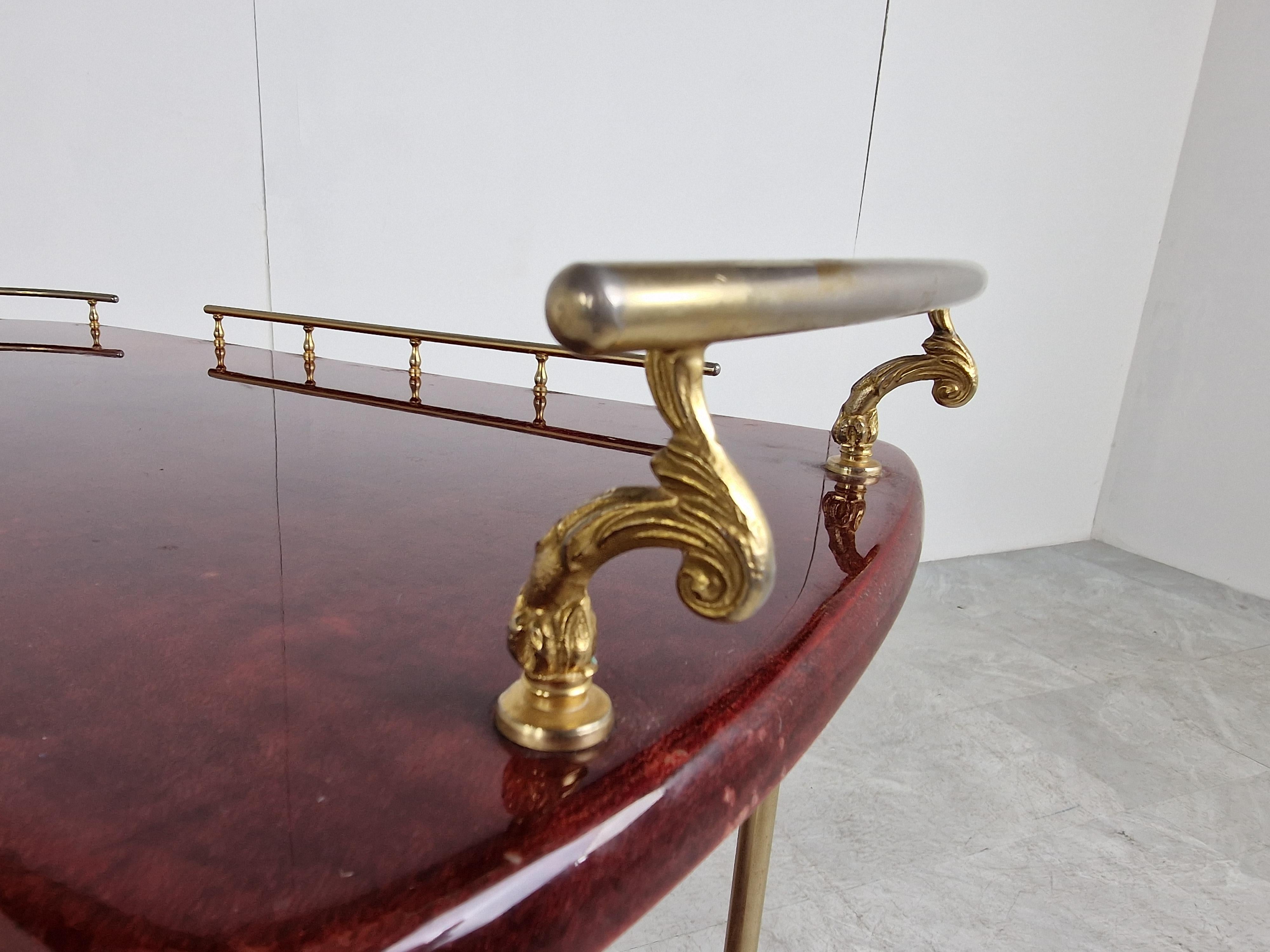 Brass Italian Red Lacquered Goatskin / Parchment Serving Bar Cart by Aldo Tura, 1960s