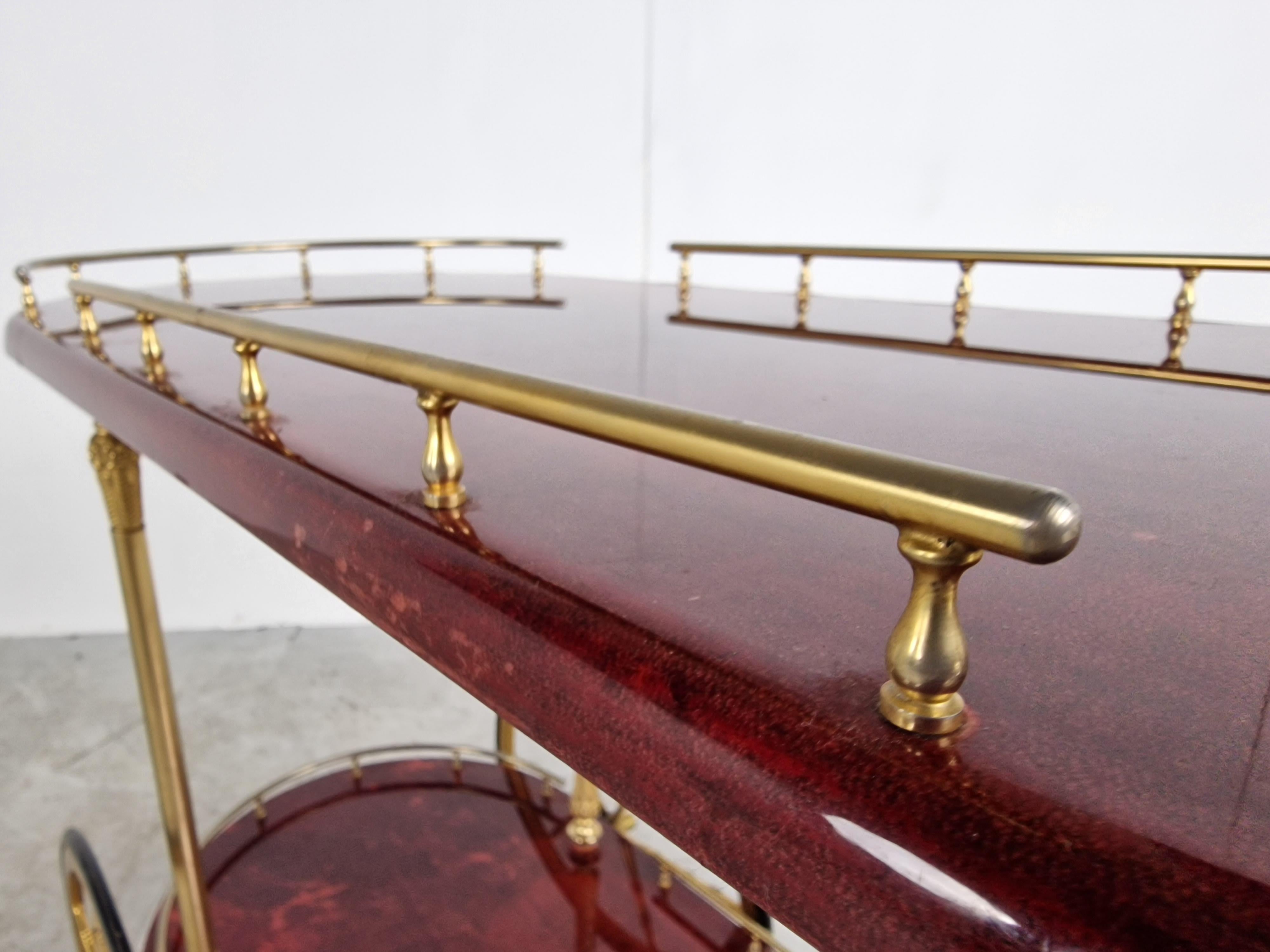 Italian Red Lacquered Goatskin / Parchment Serving Bar Cart by Aldo Tura, 1960s 1