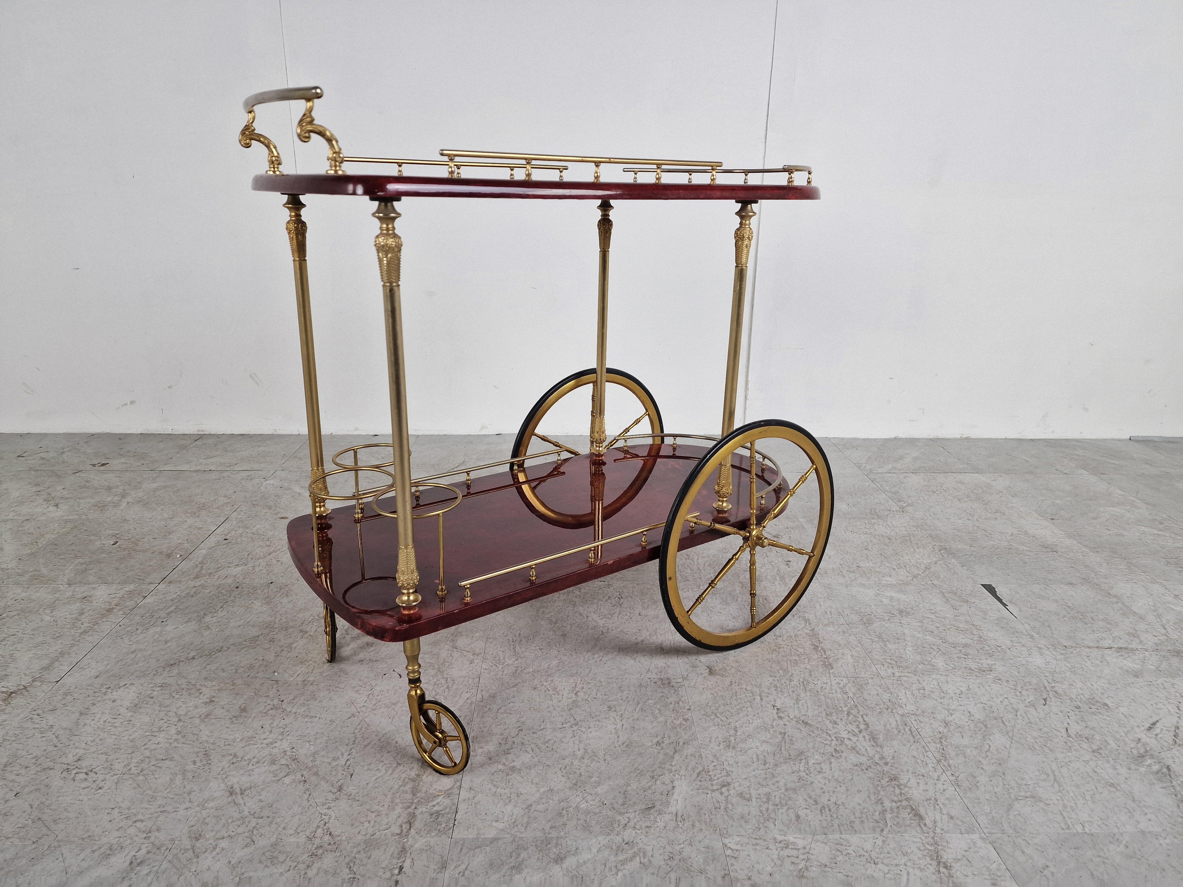 Italian Red Lacquered Goatskin / Parchment Serving Bar Cart by Aldo Tura, 1960s 2