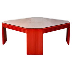 Italian Red Lacquered Shaped Split Bamboo Reed Floating Glass Top Coffee Table