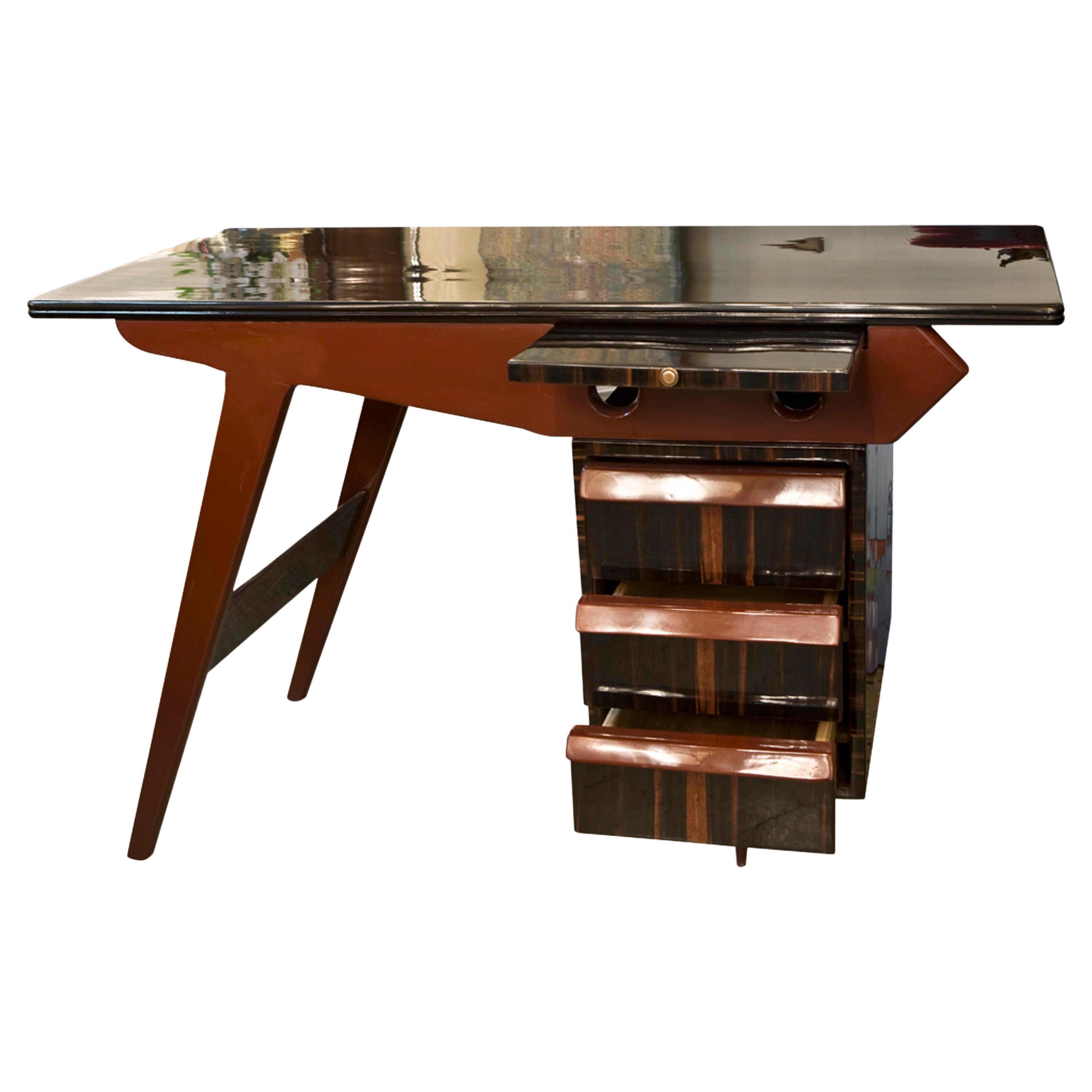 Italian Red Lacquered Wood Desk from the 50s