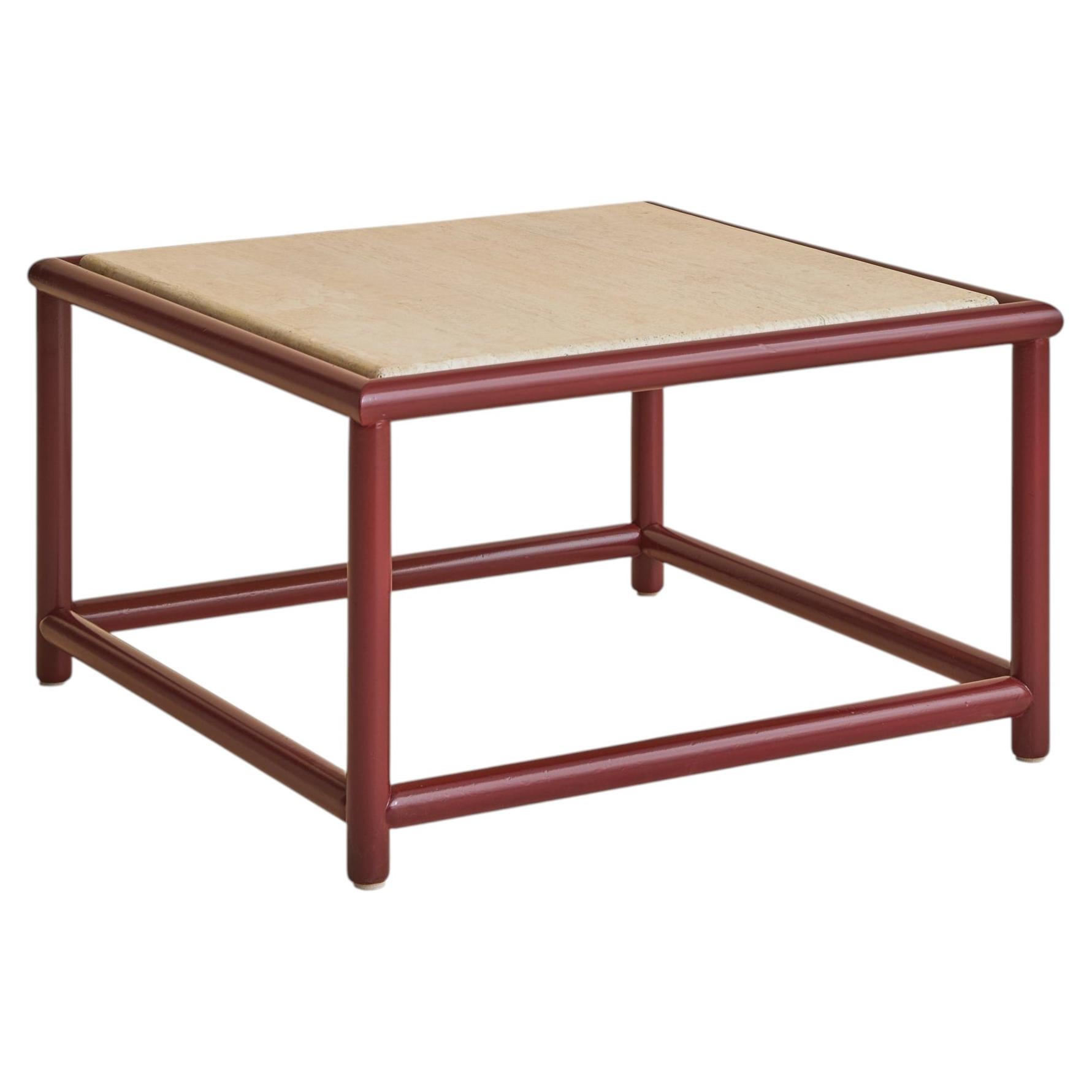 Table basse italienne en bois laqué rouge et travertin, 1970