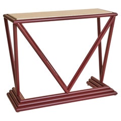 Italian Red Lacquered Wood + Travertine Console, 1970s