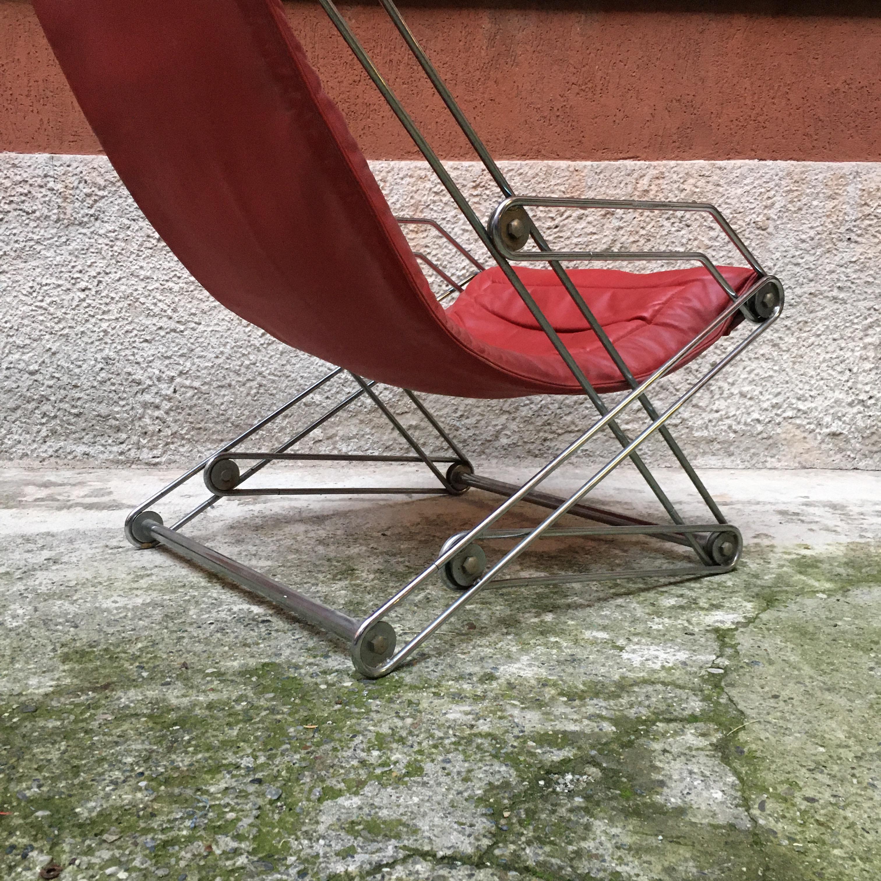 Italian Red Leather and Chromed Steel Red Armchair, 1970s For Sale 5