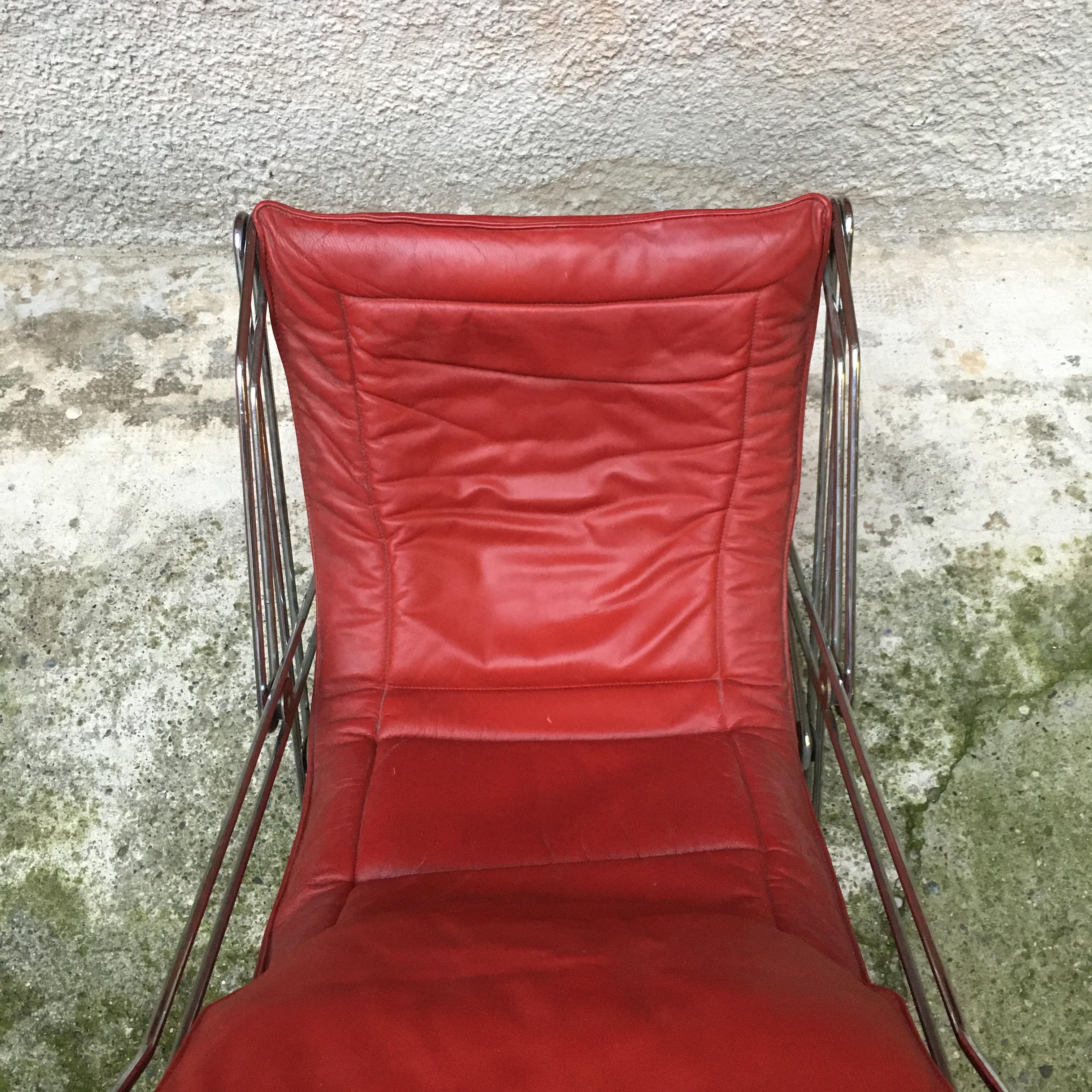 Italian Red Leather and Chromed Steel Red Armchair, 1970s For Sale 6