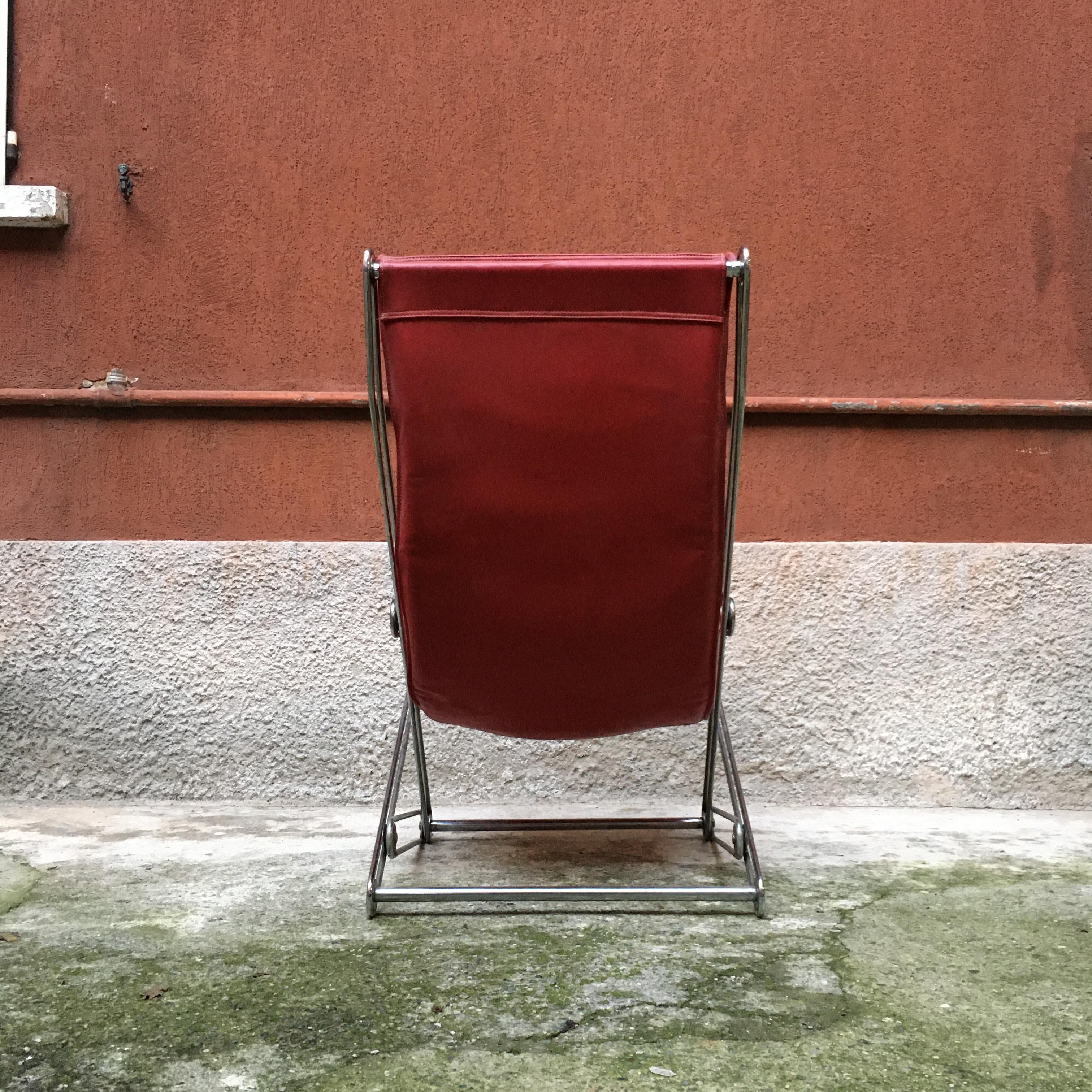 Late 20th Century Italian Red Leather and Chromed Steel Red Armchair, 1970s For Sale