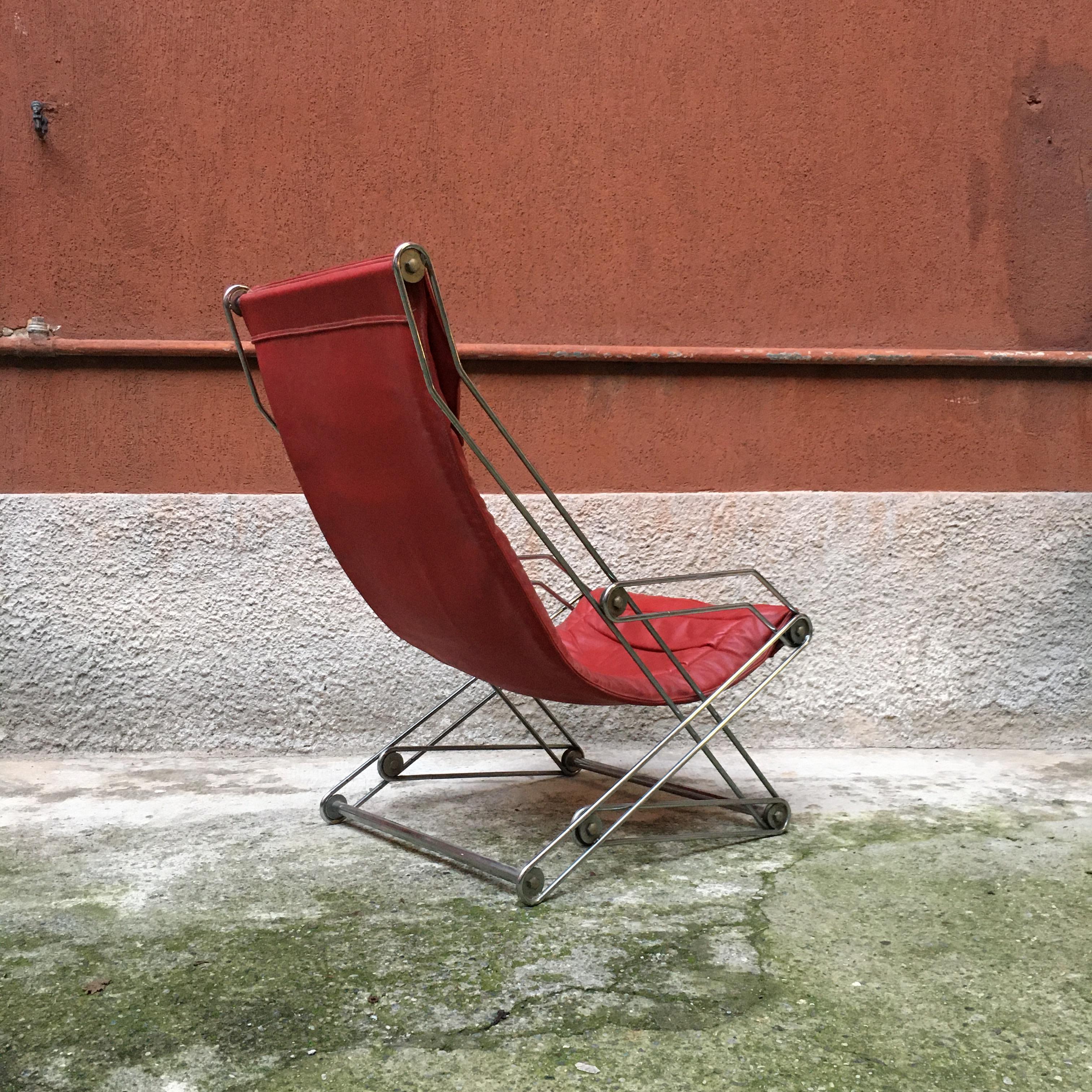 Italian Red Leather and Chromed Steel Red Armchair, 1970s For Sale 1