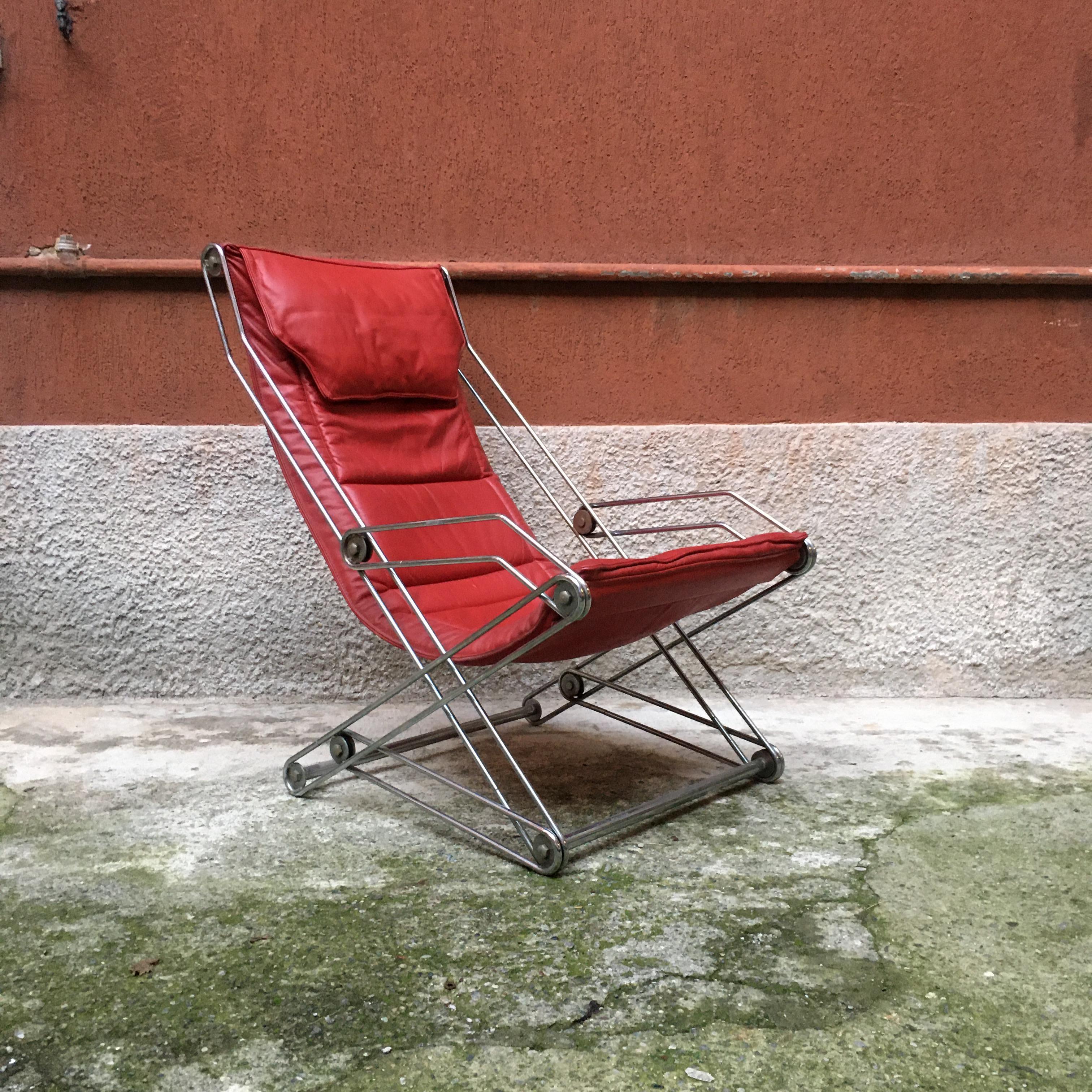 Italian Red Leather and Chromed Steel Red Armchair, 1970s For Sale 2