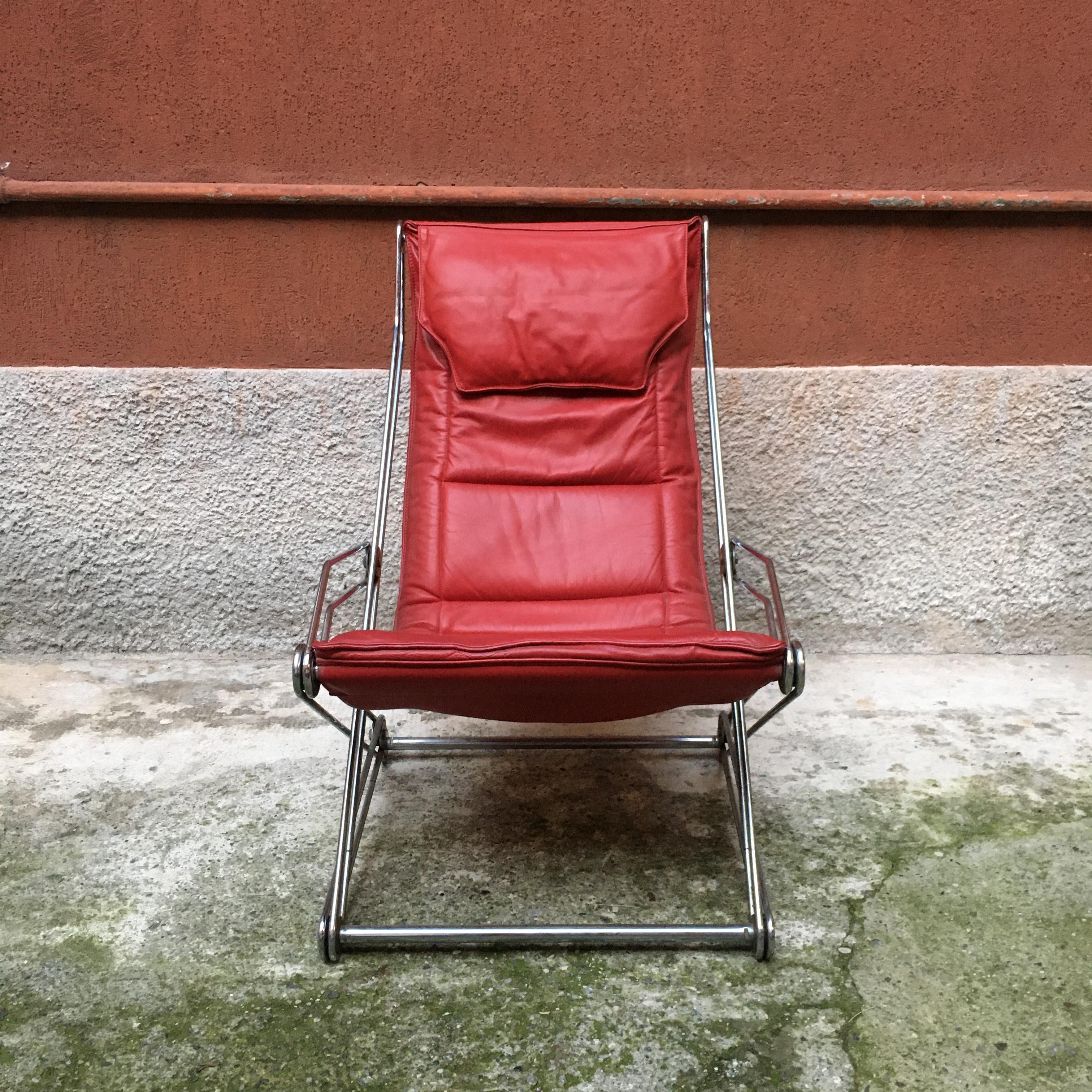 Italian Red Leather and Chromed Steel Red Armchair, 1970s For Sale 3