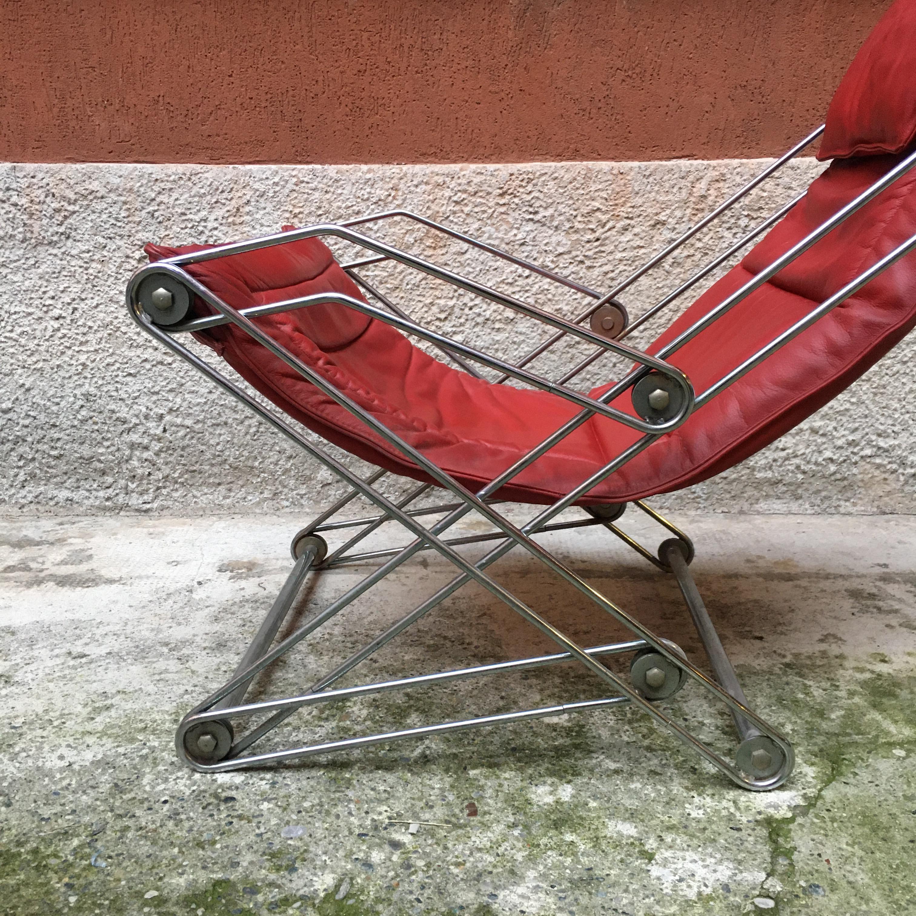 Italian Red Leather and Chromed Steel Red Armchair, 1970s For Sale 4