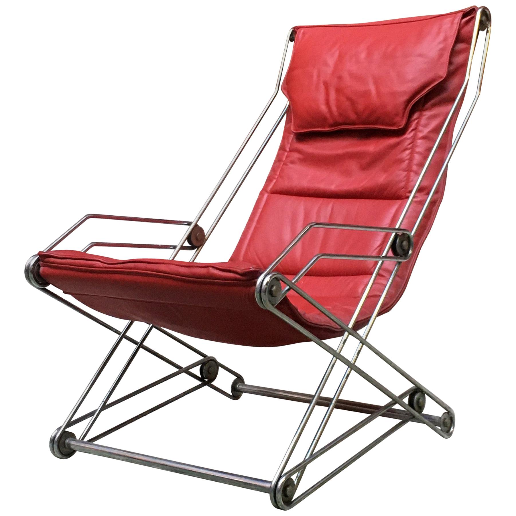 Italian Red Leather and Chromed Steel Red Armchair, 1970s