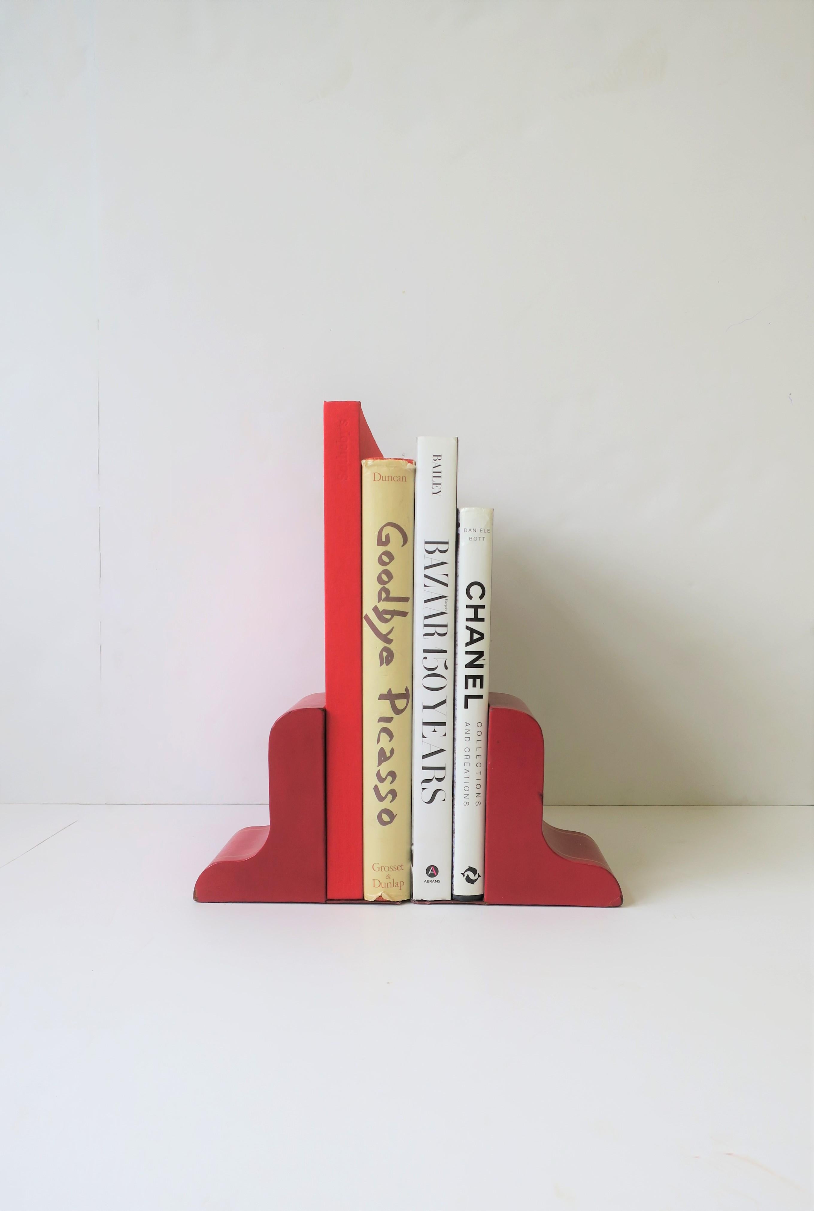 Embossed Italian Red Leather and Gold Bookends, Pair For Sale