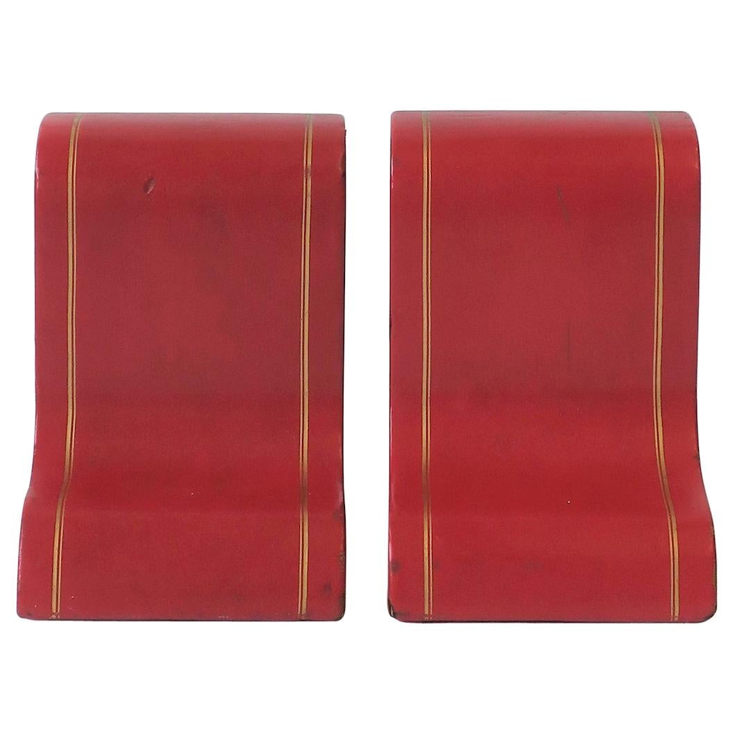 Italian Red Leather and Gold Bookends, Pair